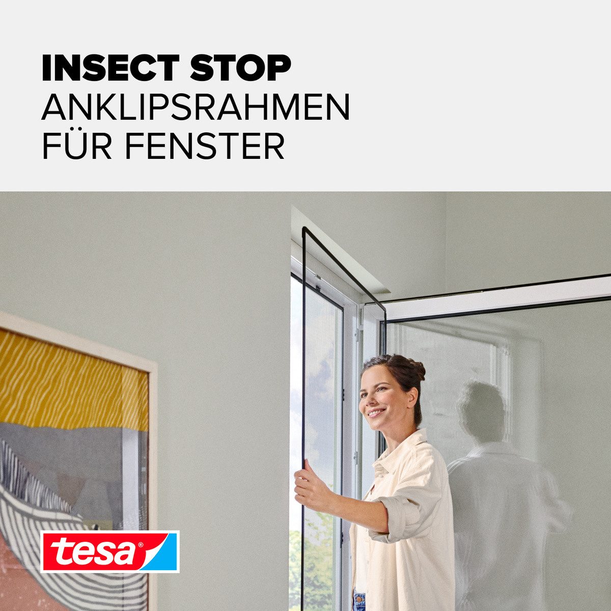 tesa Insektenschutz-Fensterrahmen Anklips-Rahmen Fliegengitter für Fenster, Anthrazit (Durchsichtig), (Packung, 1-St., inkl. Fiberglas-Netz in Anthrazit, Rahmen und Halteklip-Lösung), INSECT STOP Netz aus Fiberglas, selbstklebende Halte-Klips