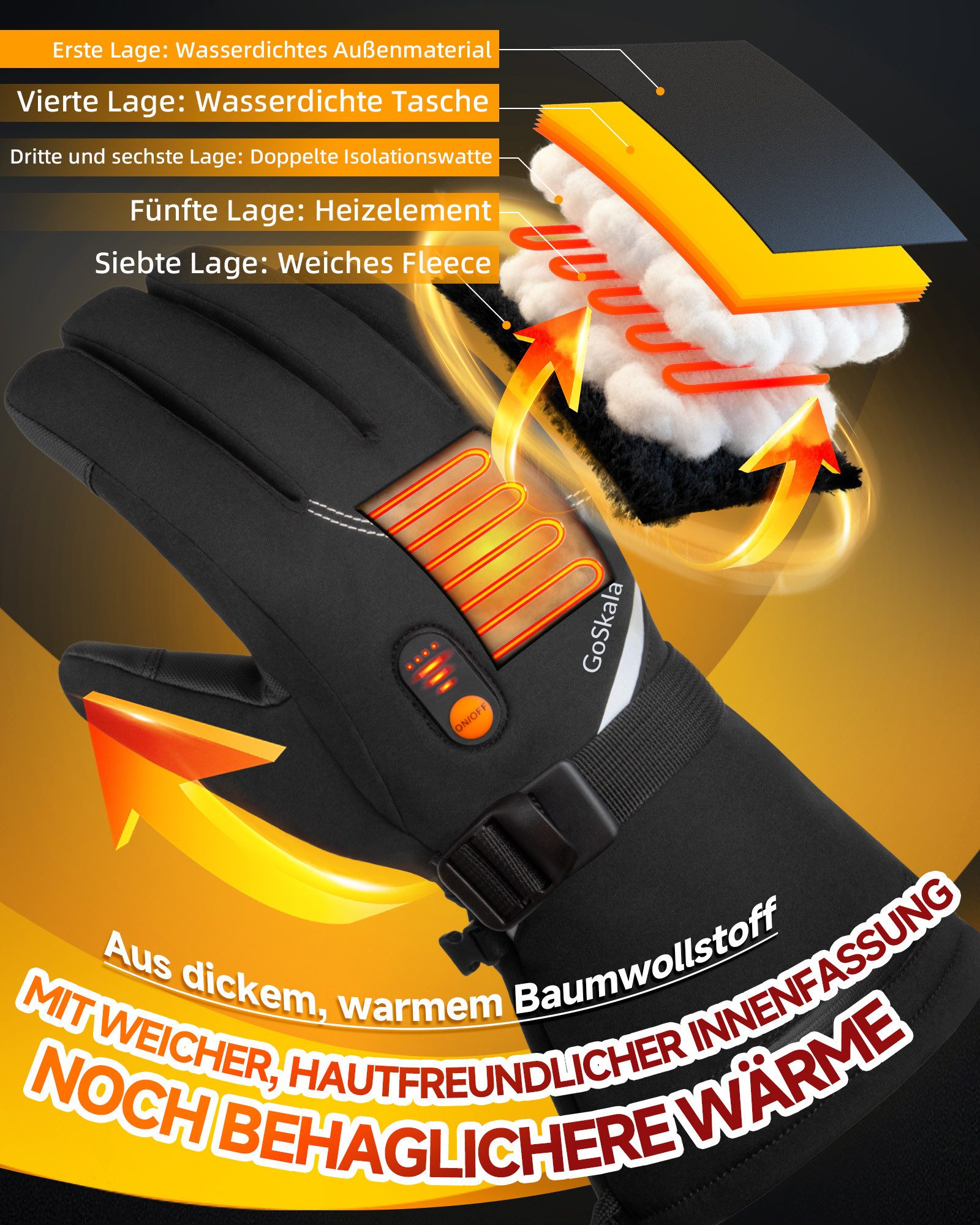 GoSkala Beheizbare Handschuhe Skihandschuhe mit 3 Heizstufen, Thermohandschuhe Winterhandschuhe (Set) Beheizt, Touchscreen-kompatibel, Wiederaufladbar, Temperat – Bild 4 von 5