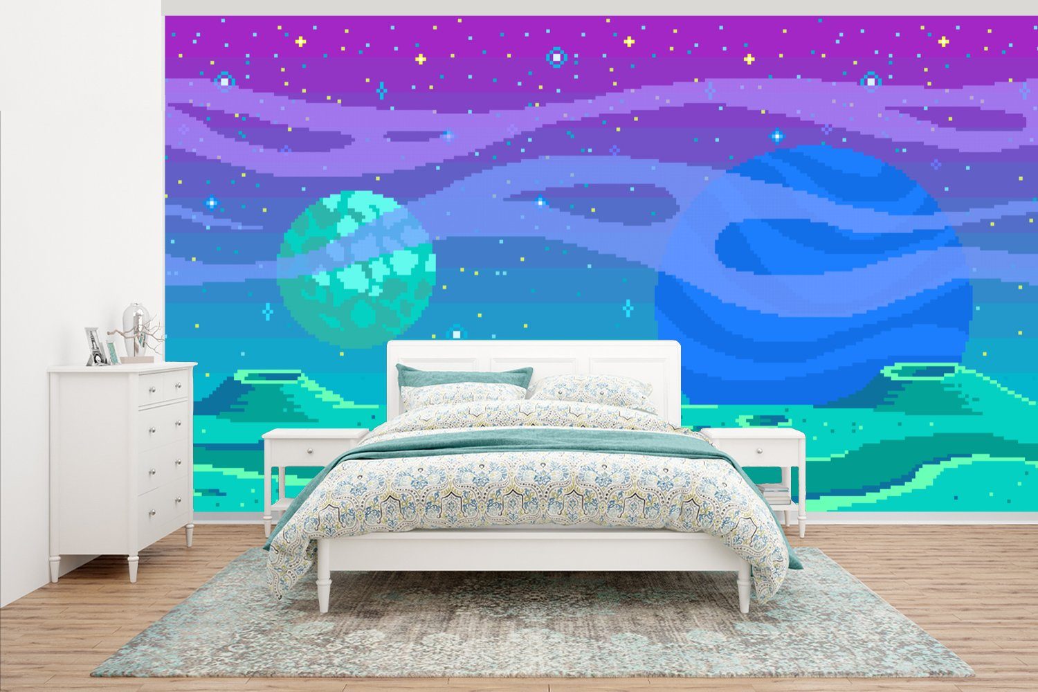 MuchoWow Fototapete Spiele - Pixel Art - Mond, Matt, bedruckt, (7 St), Vliestapete für Wohnzimmer Schlafzimmer Küche, Fototapete