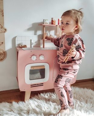 Mamabrum Spielküche Retro-Küche aus Holz mit Schürze und Zubehör - rosa
