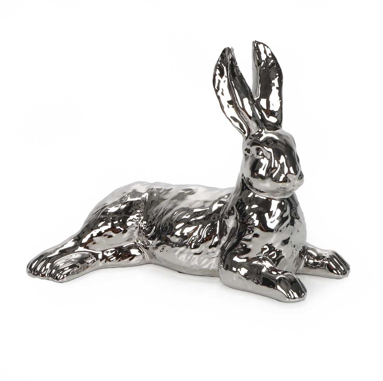 Bubble-Store Osterhase Osterfigur (Oster Deko Figur), silberner Osterhase mit dekorativer Fellzeichnung