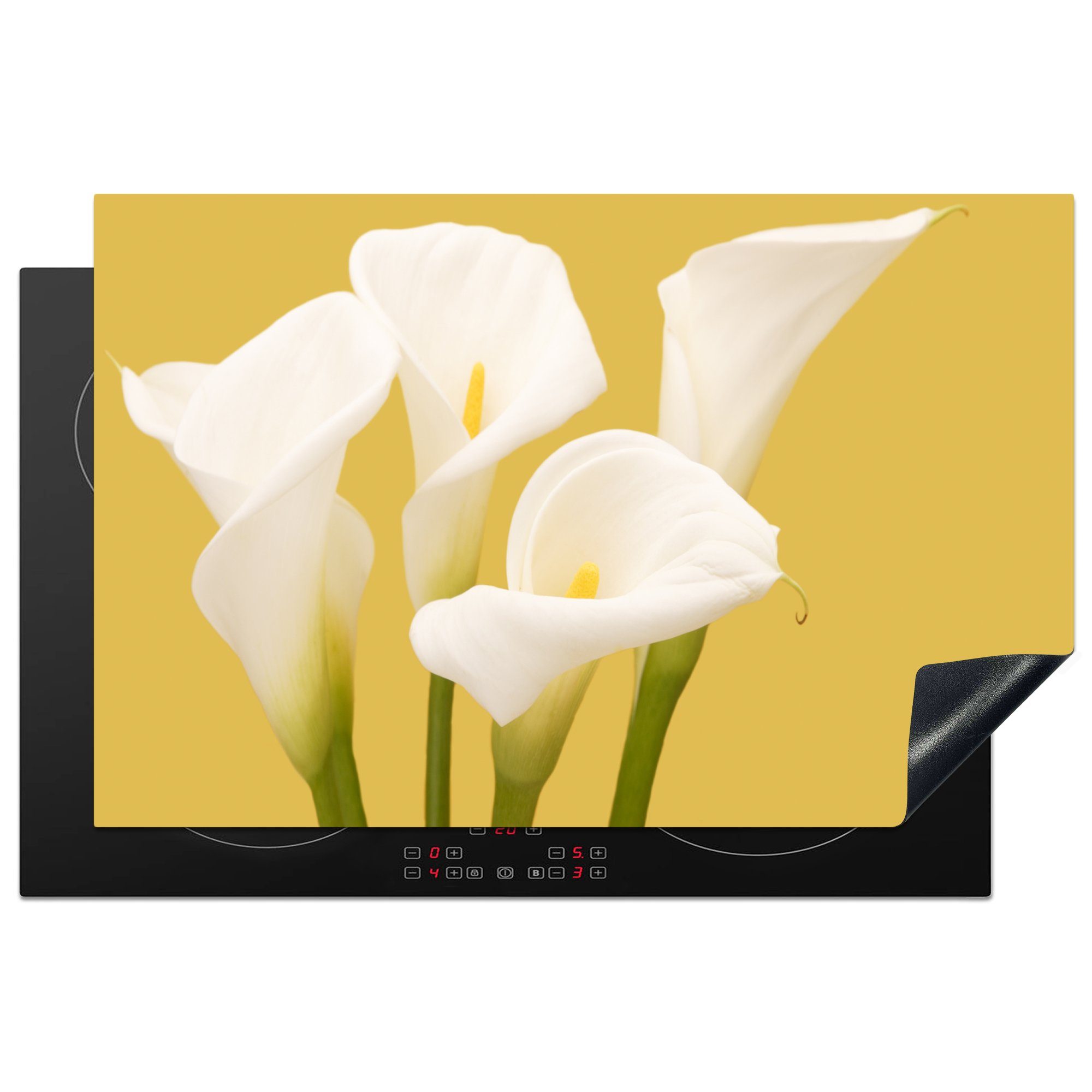 MuchoWow Herdblende-/Abdeckplatte Calla-Blüten auf gelbem Hintergrund, Vinyl, (1 tlg), 81x52 cm, Induktionskochfeld Schutz für die küche, Ceranfeldabdeckung