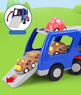 XDeer Autorennbahn Dinosaurier Spielzeug ab 2 3 4 Jahre, 4 in 1 Dino Truck für Kinder, mit Brüllen Sound & Lichter, Reibungsbetrieben Autotransporter