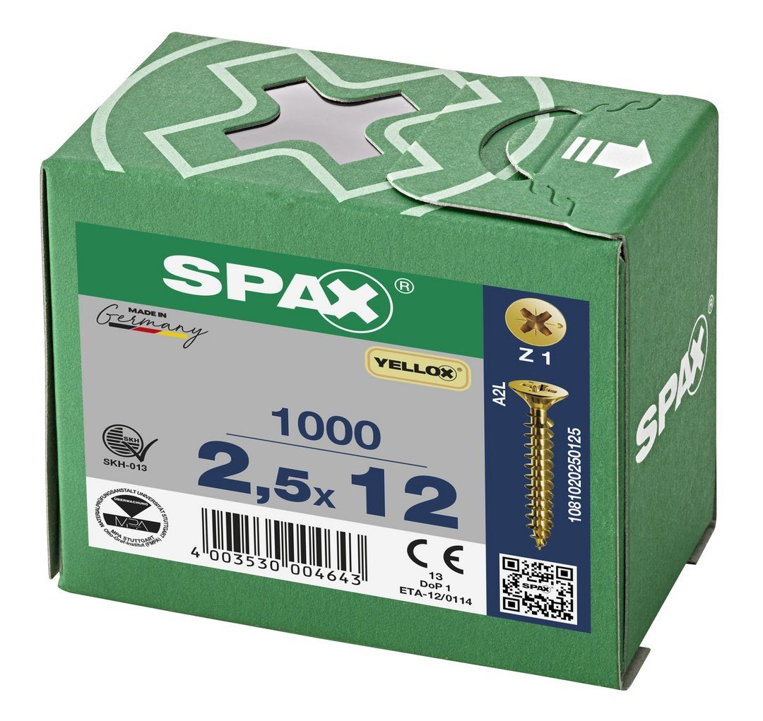 SPAX Spanplattenschraube mm 2,5x12 gelb St), 1000 (Stahl verzinkt, Universalschraube