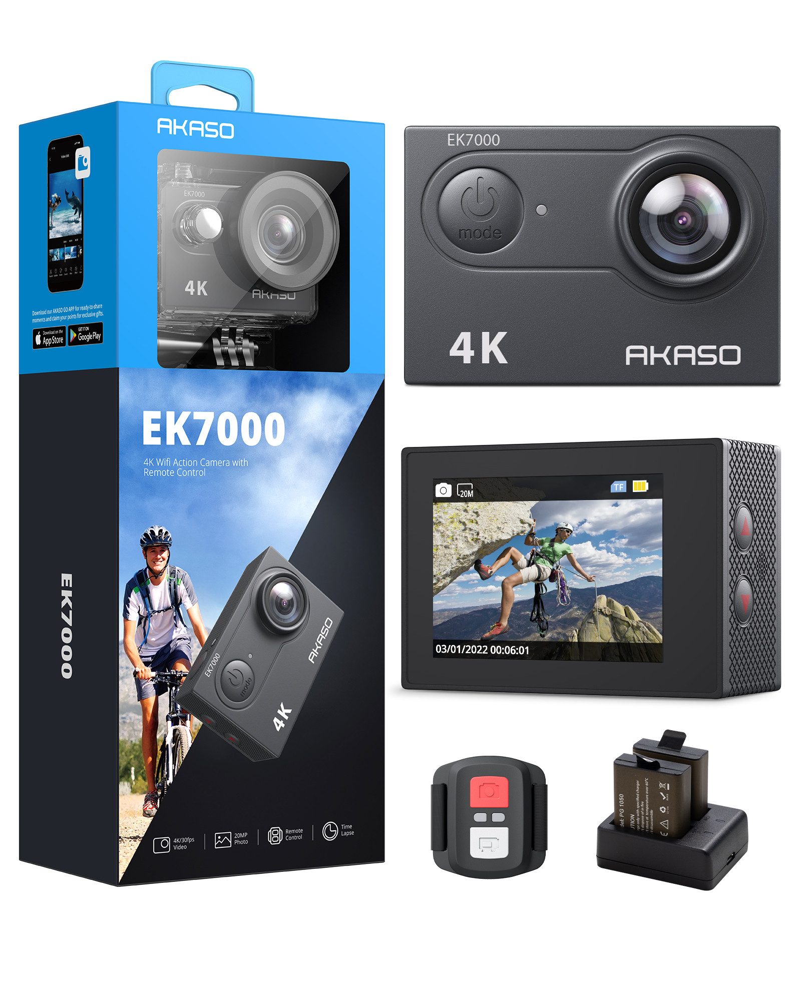 Akaso EK7000 Action Cam (4K Ultra HD, WLAN (Wi-Fi), 40M wasserdicht, 170°Ultra Weitwinkelt, Fernbedienung)