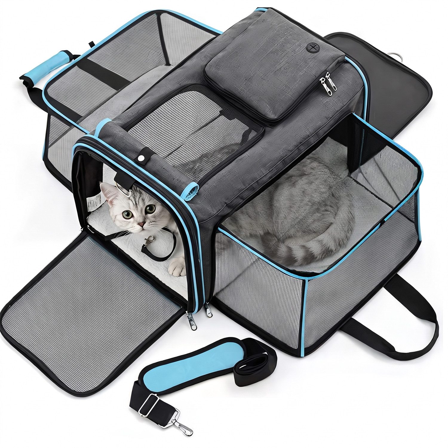 HEYHIPPO Tiertransporttasche Faltbare Transporttasche für Katzen, 48×30×31 cm, grau, wasserdicht bis 8 kg, Transportbox für kleine Hunde – atmungsaktives Netzgewebe, aus Oxford