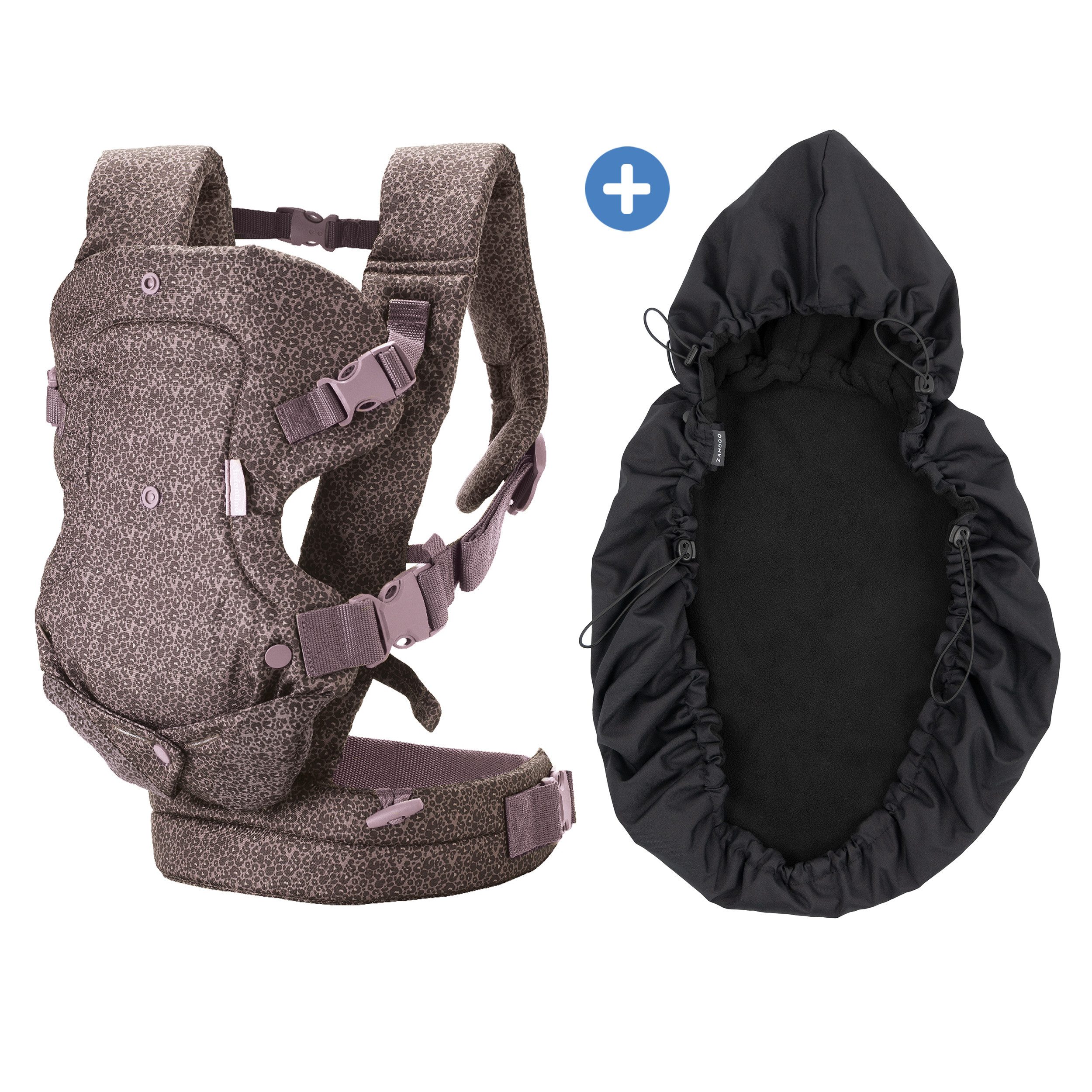 Infantino BKids Babytrage Flip Advanced - Leopard Print, Baby Bauchtrage Rückentrage ab Geburt von 3,6-14,5 kg mit Regenschutz