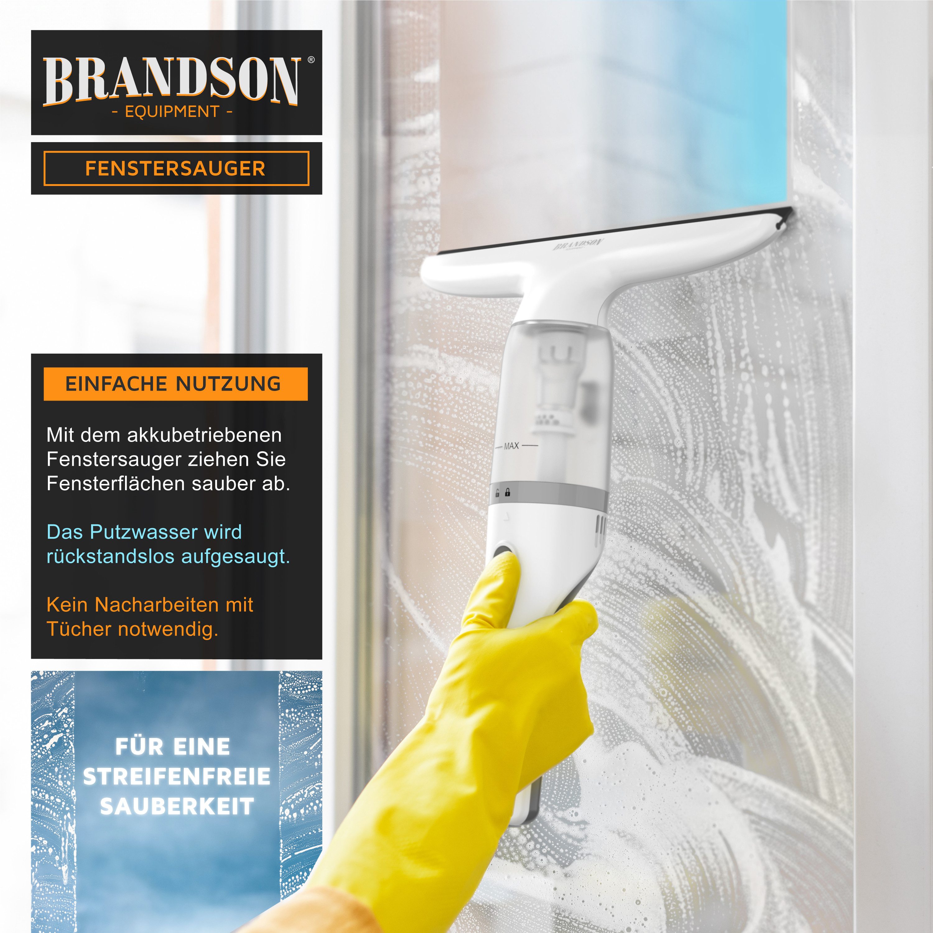 Brandson Akku-Fenstersauger Fensterreiniger inkl. Sprühflasche mit Wischbezug, 28 cm Saugdüse, Laufzeit ca. 30 minuten, für Fenster Duschkabine Spiegel, 2200 mAh