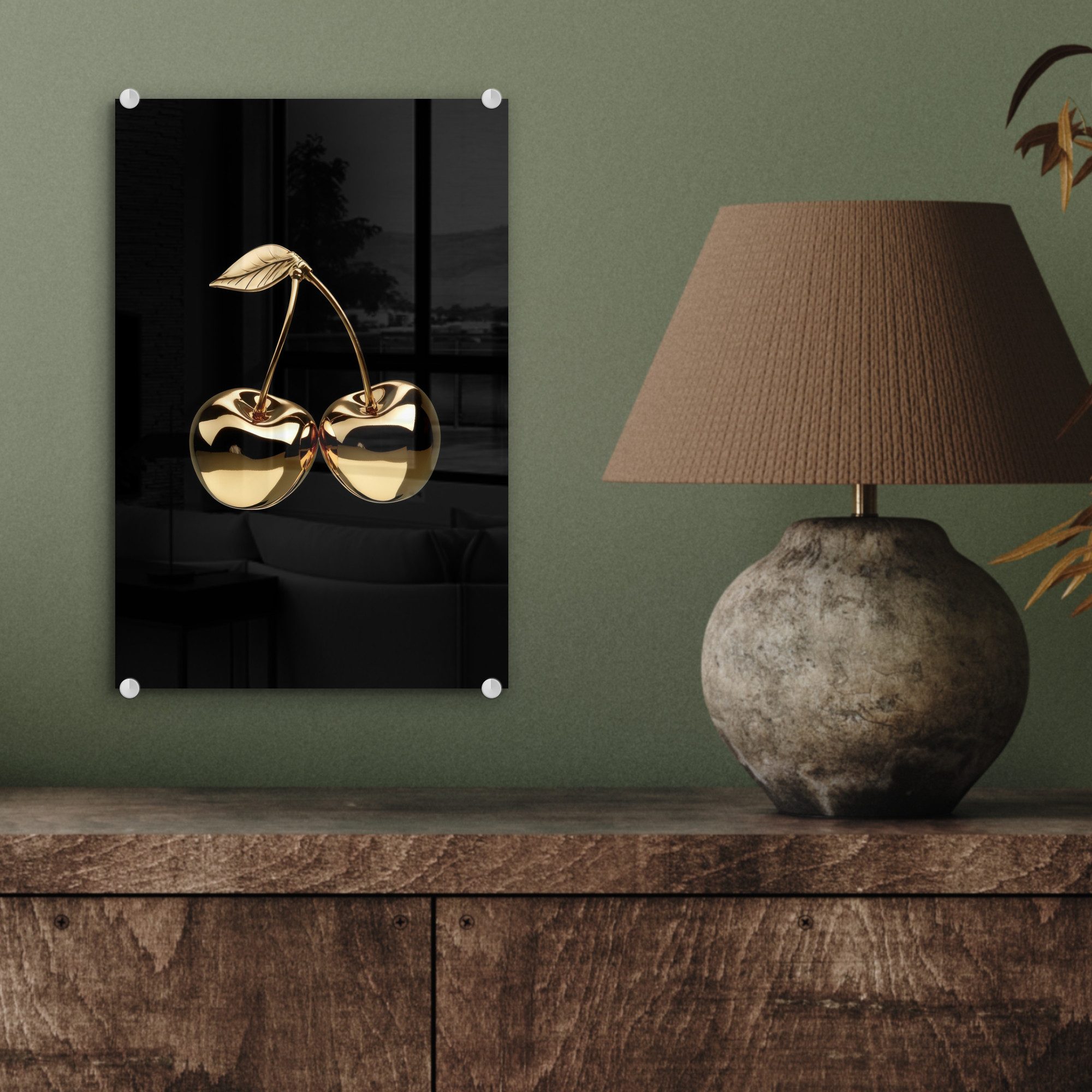 MuchoWow Acrylglasbild Kirsche - Schwarz - Gold - Chrom, Inkl. Aufhängung, Dekorative Bild für Küche & Wohnzimmer auf Glas, 20x30 cm – Bild 4 von 5