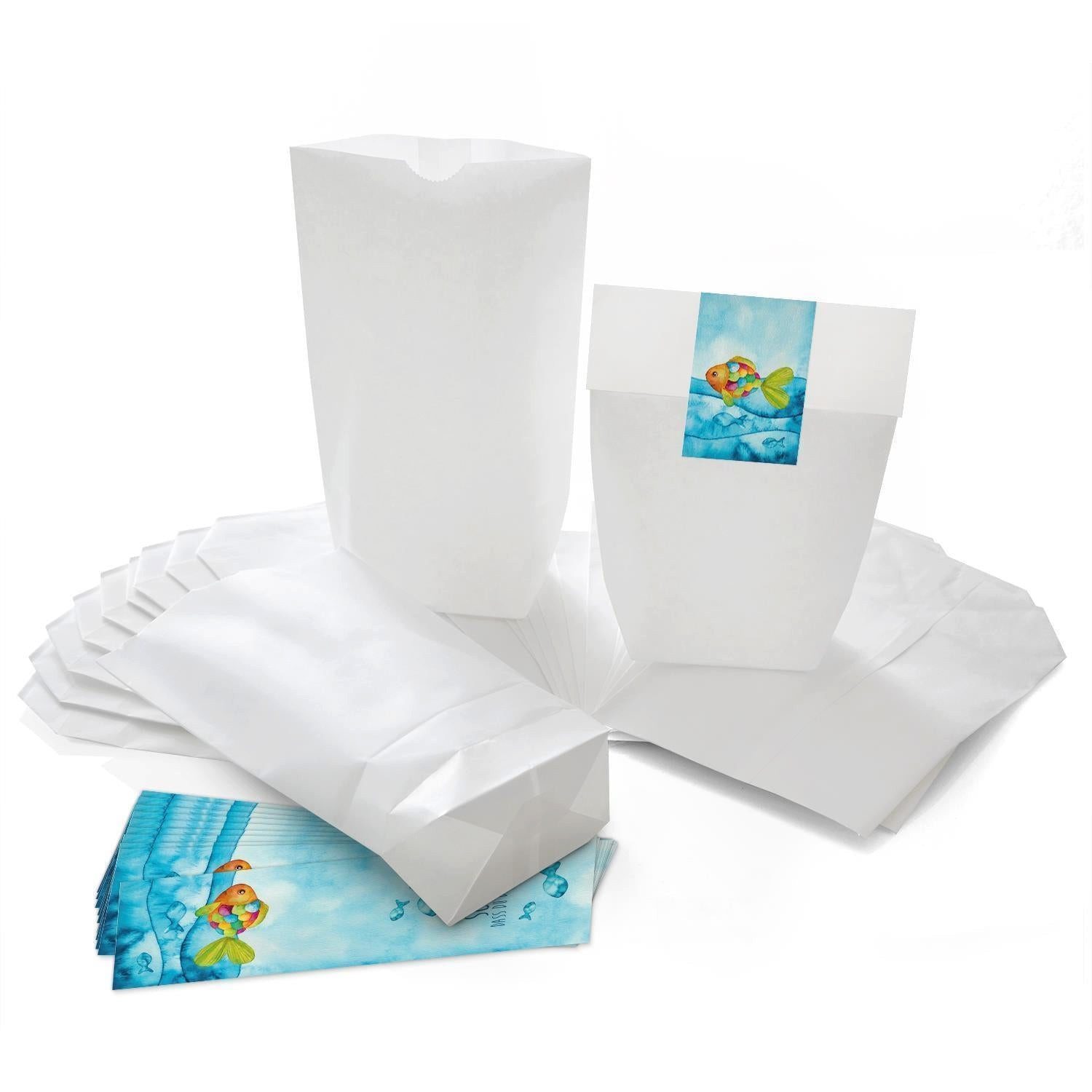 Logbuch-Verlag Aufkleber 10 kleine weiße Papier-Tüten 14 x 22 x 5,6 cm + 10 blau türkise