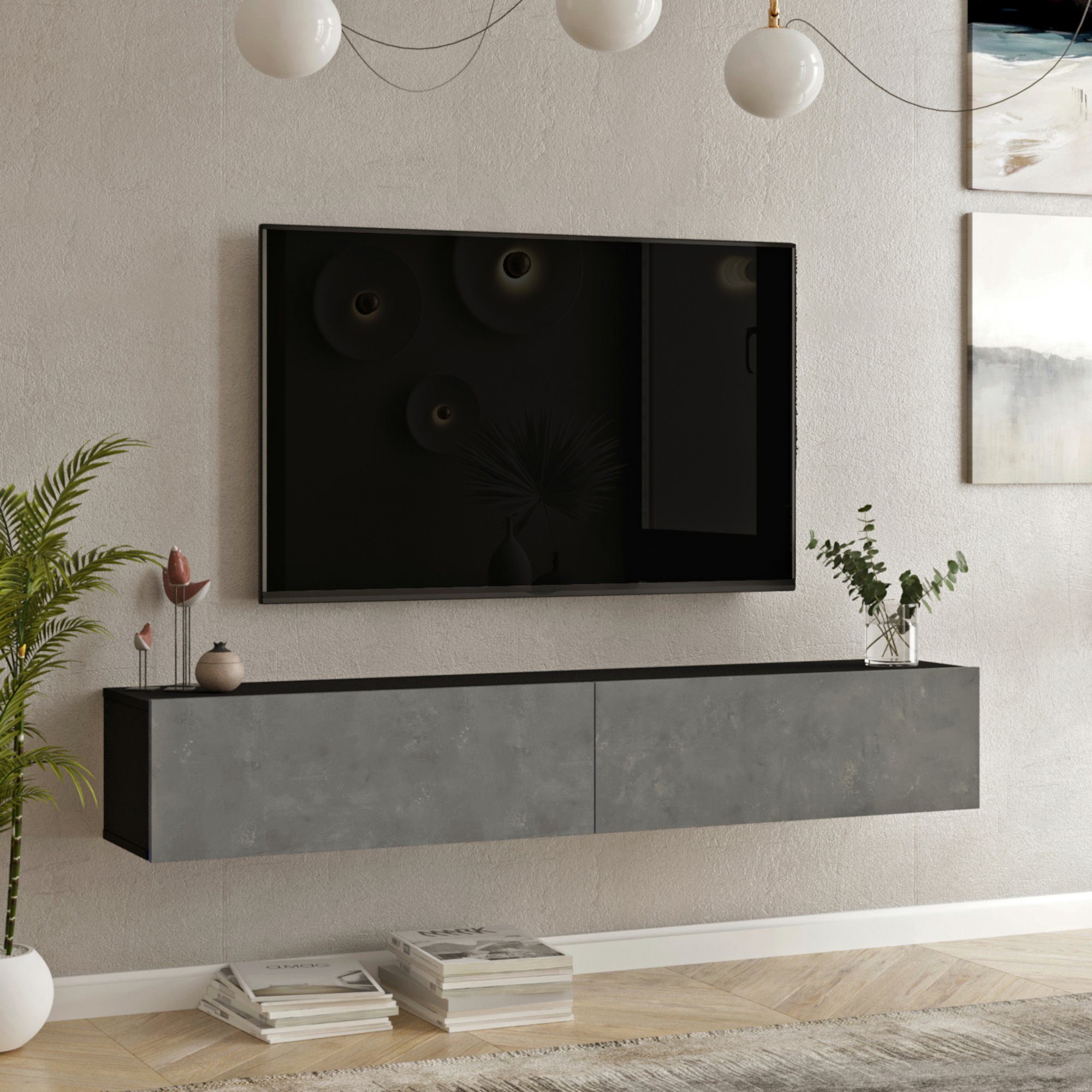 en.casa TV-Schrank »Lapinlahti« 180x31,5x29,5cm Schwarz/Betonoptik günstig online kaufen