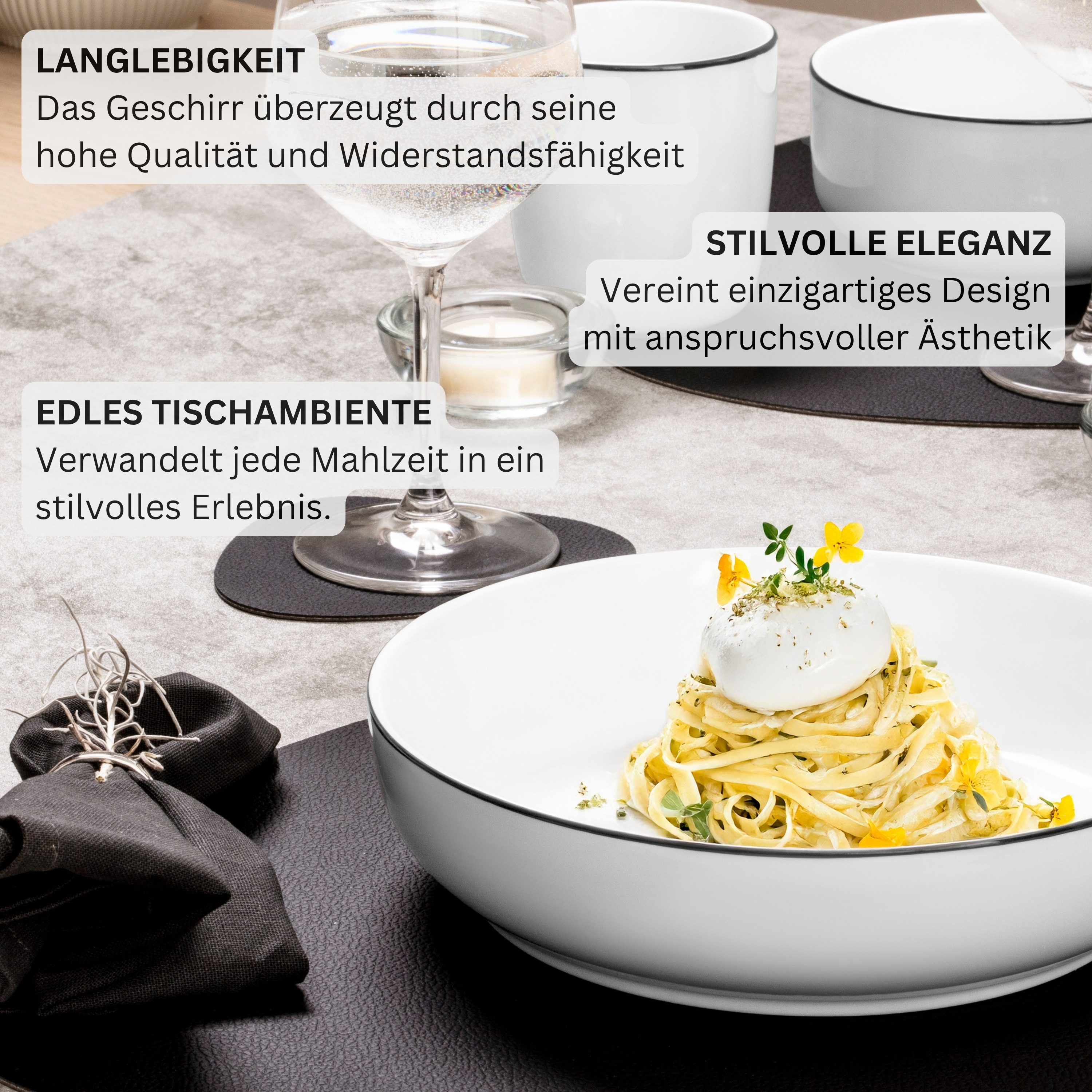SÄNGER Tafelservice Marlo Geschirrset (30-tlg), 6 Personen, Porzellan, Black Rim, Weiß mit schwarzen Akzenten, Premium Collection – Bild 5 von 5