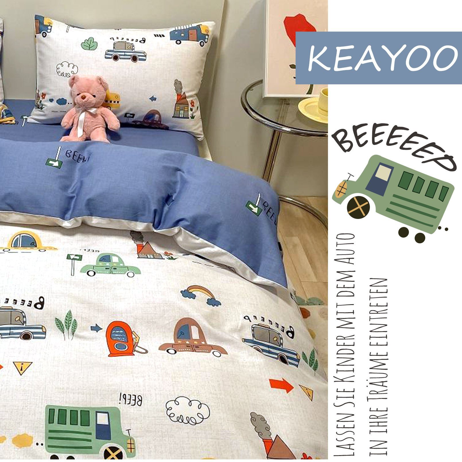 KEAYOO Kinderbettwäsche QCDD, Baumwolle, 2 teilig, 100% Baumwolle Kinderbettwäsche mit Auto Muster