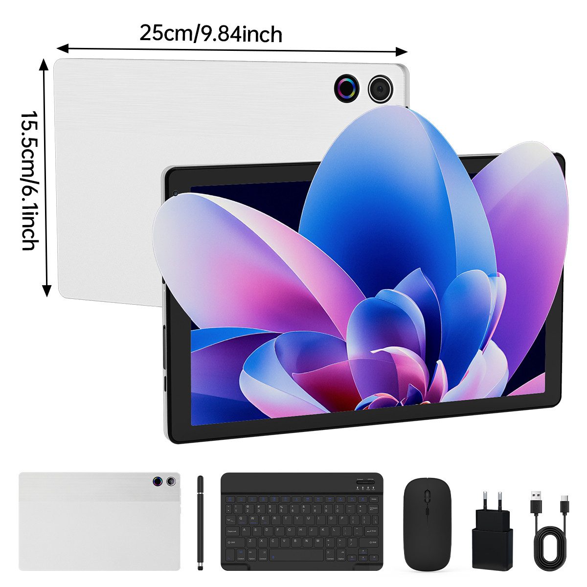 Happybe 10,4’’ Android, 128GB, HD 1280x800, Widevine L1, 5G/2,4G WiFi, 5000mAh Tablet (10,4", 128 GB, Android, WiFi 6, Android 15, Octa-Core-Prozessor, mit Tastatur/Maus/Stift)