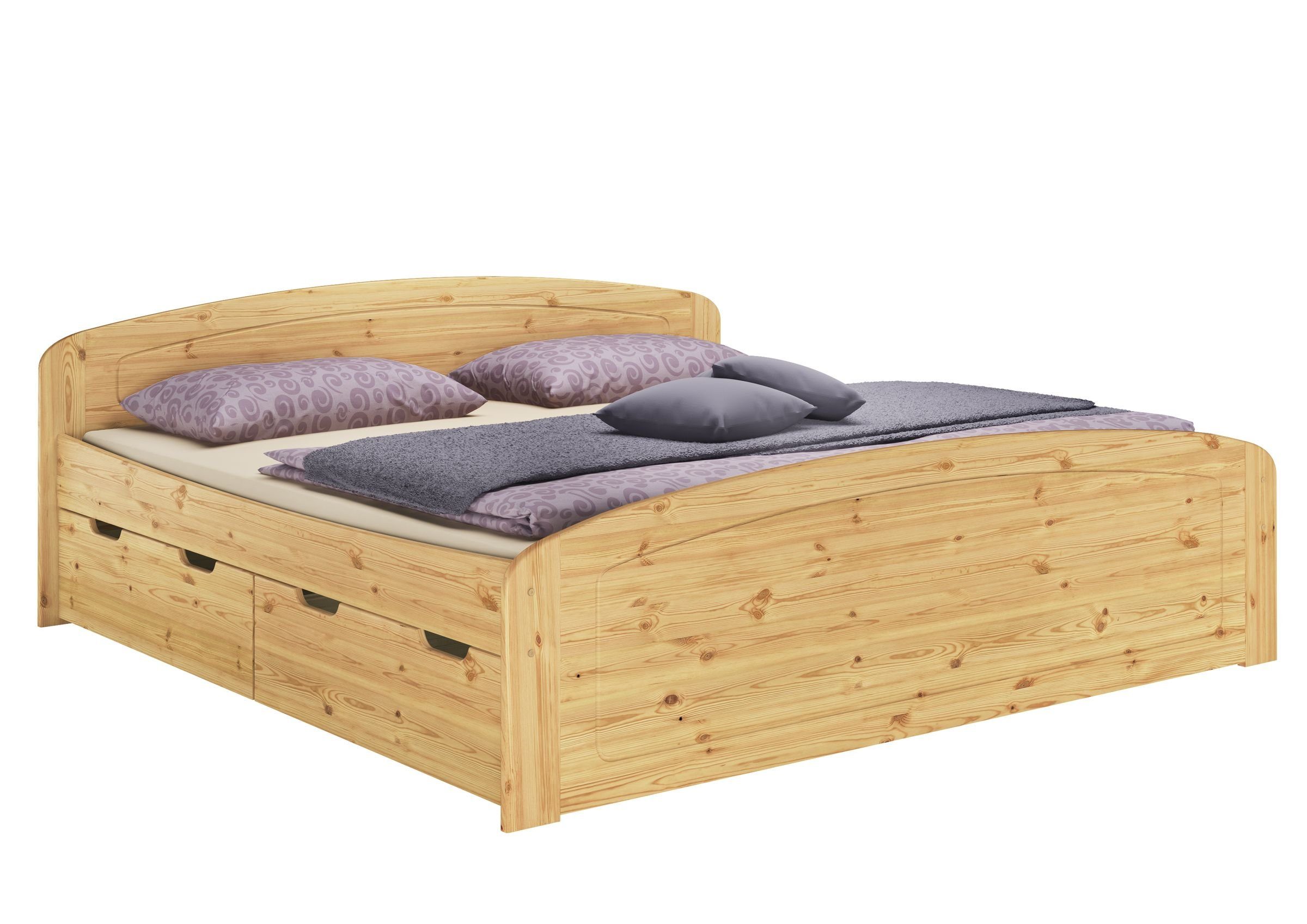 ERST-HOLZ Bett Doppelbett 180x200 Kiefer + Bettkästen+Federleisten+Matratzen, Kieferfarblos lackiert