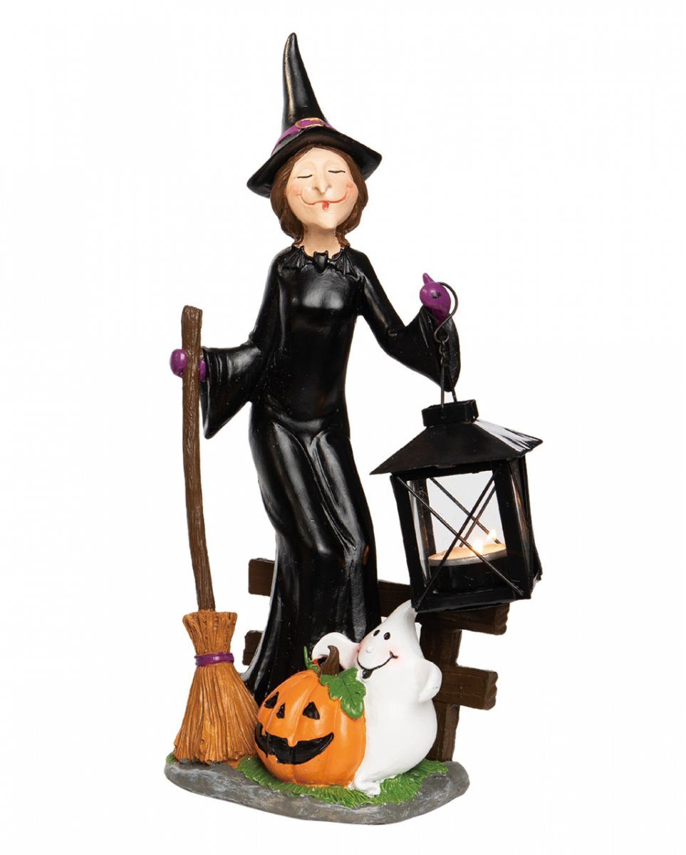 Horror-Shop Kerzenständer Spooky Teelichthalter Hexe mit Besen & Laterne auf