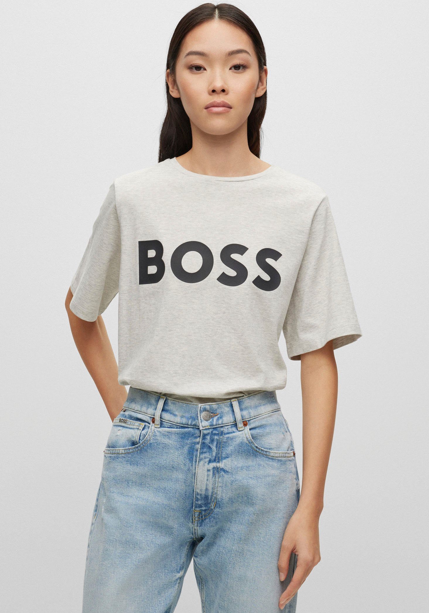 BOSS am ORANGE mit BOSS-Kontrastband Grey T-Shirt Ausschnitt Open innen