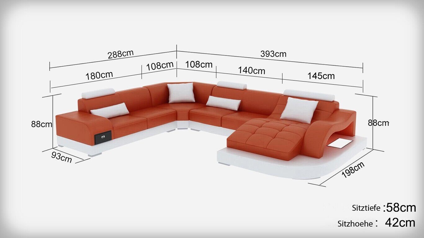 Leder Design Orange Tisch Couch USB Sitz Wohnlandschaft Moderne JVmoebel Ecksofa mit Sofa