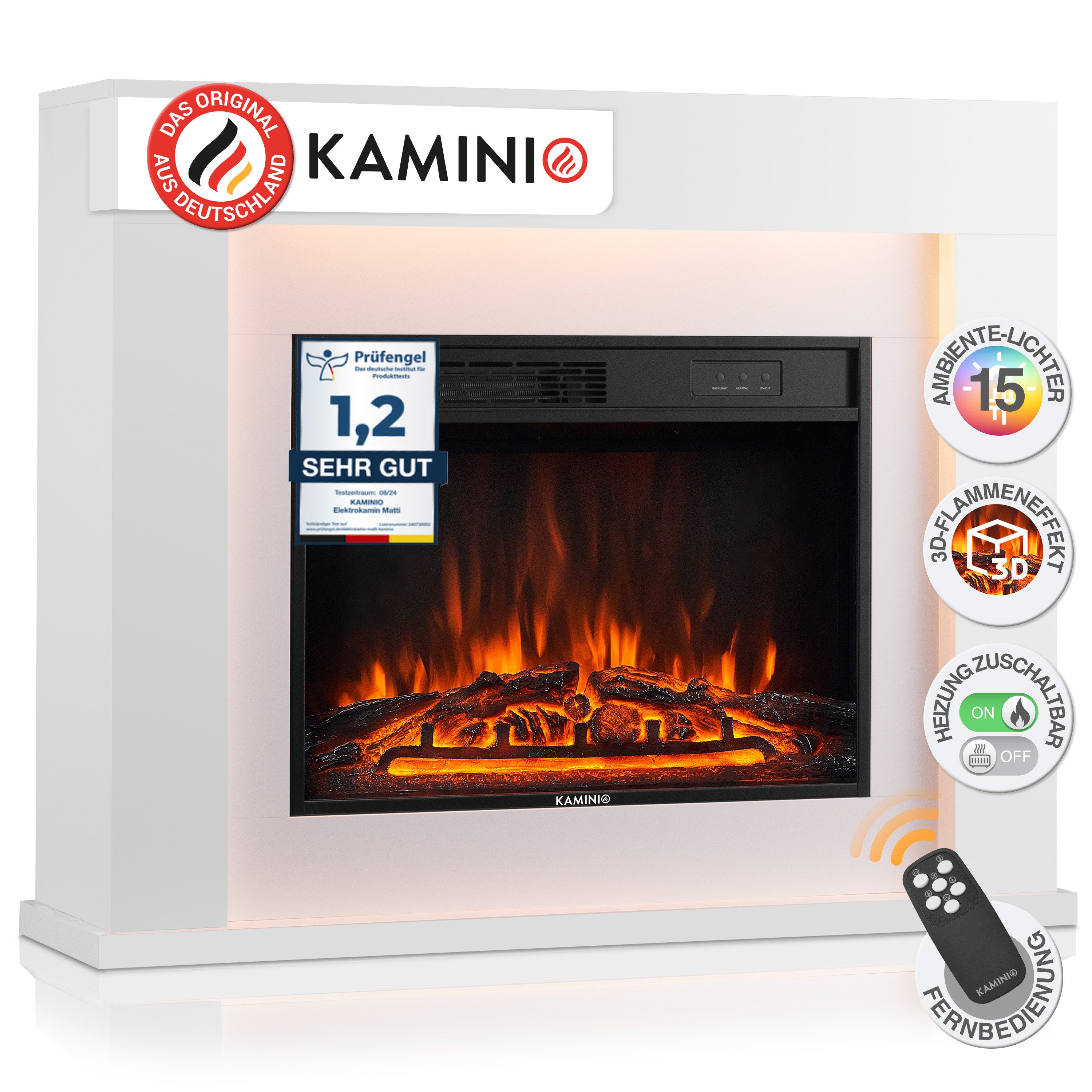 KAMINIO Elektrokamin MATTI, Elektrischer Kamin mit 3D-Flammeneffekt, Ambientelicht, Heizung 1800W