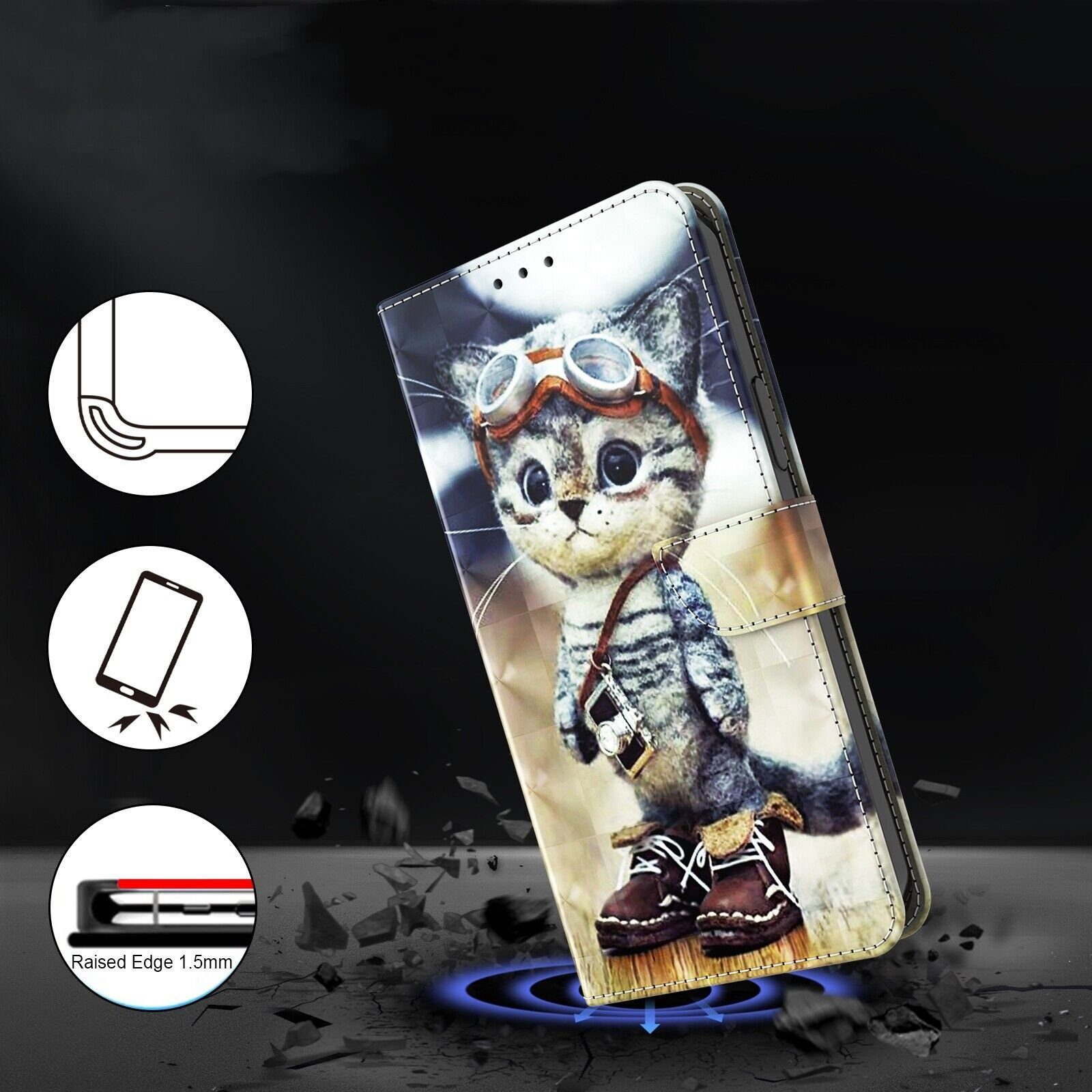 CLM-Tech Handytasche für Samsung Galaxy A57 5G Klapphülle aus PU Leder (Pilot Katze, 1-tlg., Flip Case), Magnetverschluss, Standfunktion und Kartenfächer – Bild 4 von 5