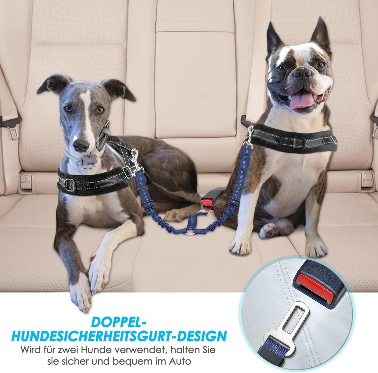 Thumbnail - SlowTon Hunde-Halsband Anschnallgurt Hund Auto verhedderungsfrei elastisch reflektierend Blau