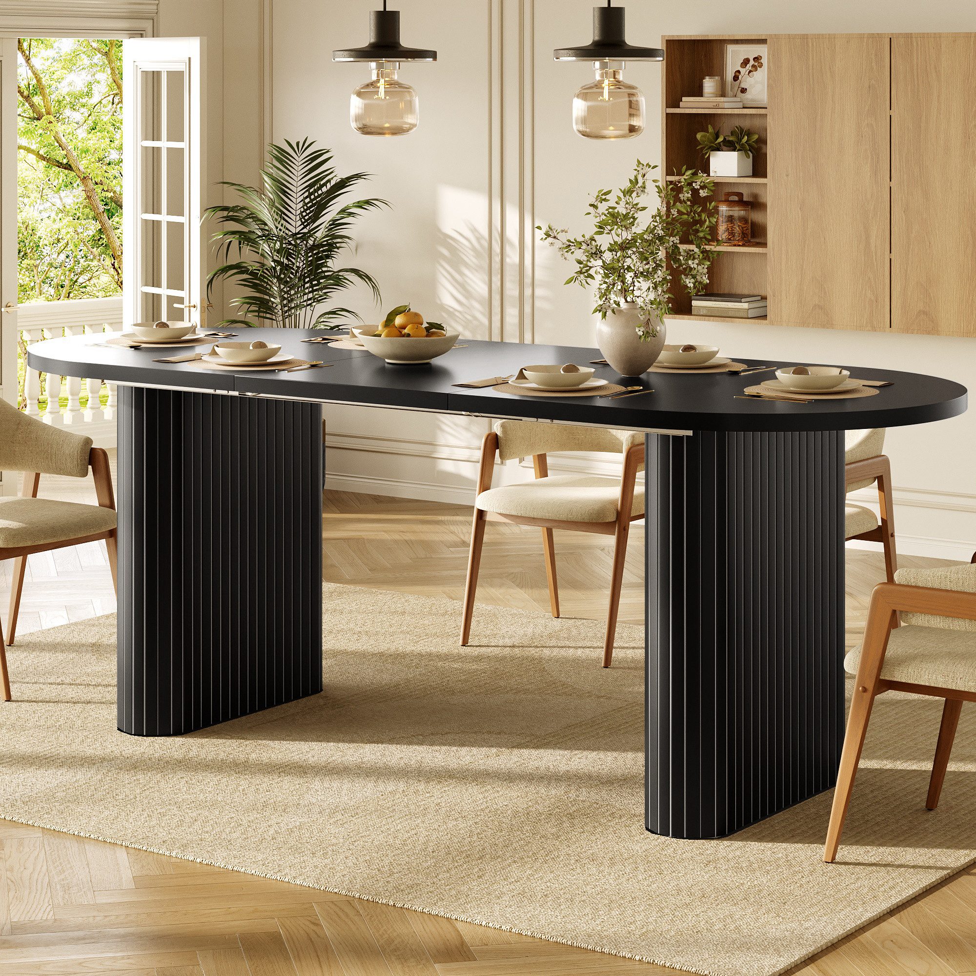 Flieks Esstisch (verstellbare Länge 120-160/T80/H75,5 cm, 1-St., 1 Tisch), ausziehbarer Küchentisch ovaler Schreibtisch Bürotisch Schwarz