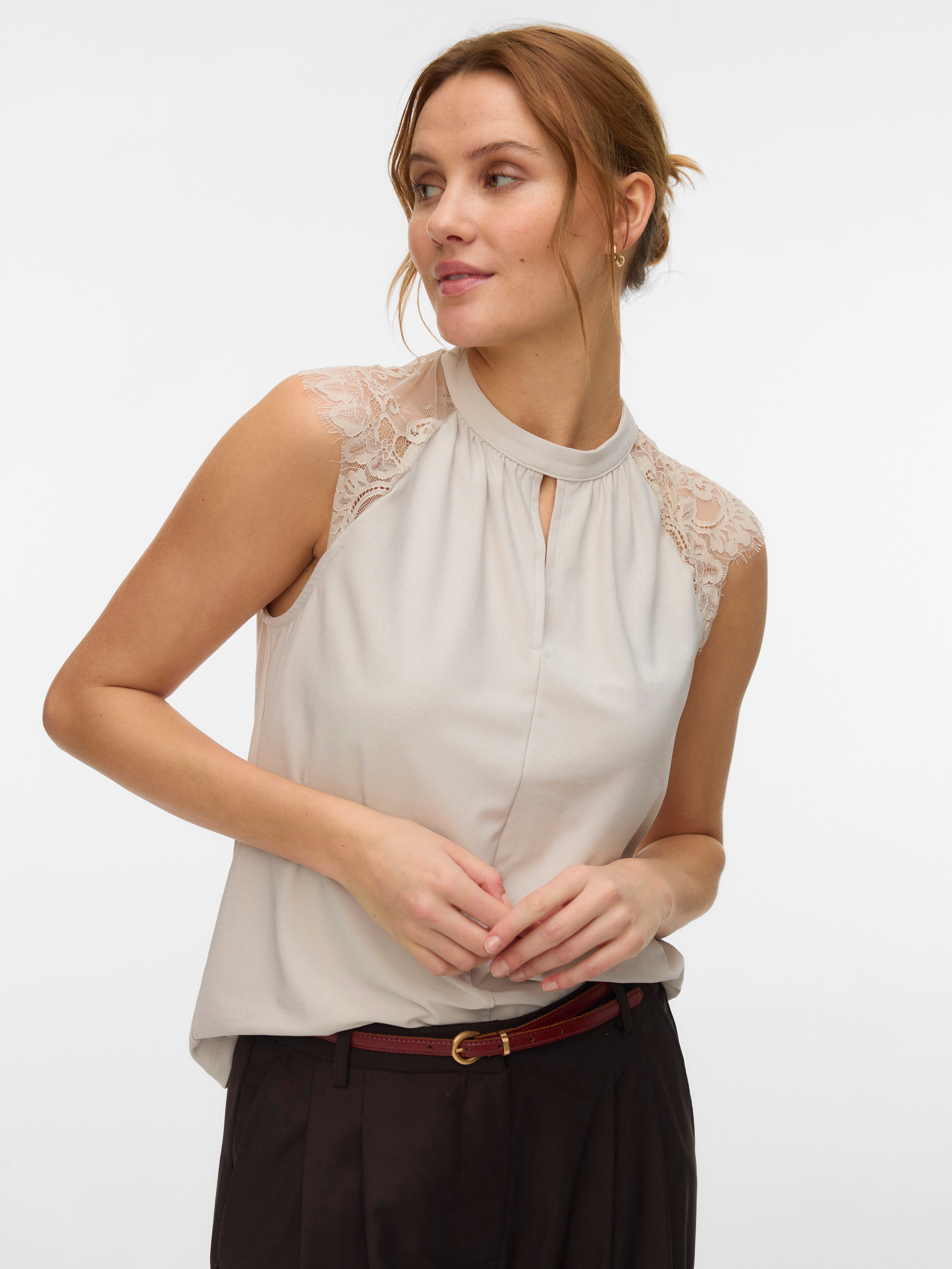 Vero Moda Spitzentop VMMILLA SL LACE TEE Materialmix, regular fit