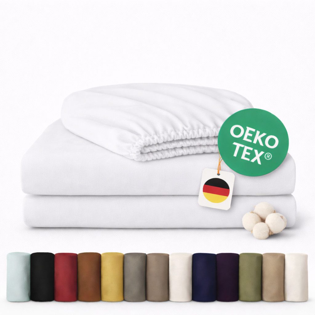 Komfortec Spannbettlaken Jersey Spannbettuch, 90x200, 140x200, 160x200, 180x200 oder 200x200 cm, 100% Baumwolle (135 g/m), Gummizug: Rundum, (2 Stück), OEKO-TEX® Standard 100 Zertifisiert, für Matratzen bis 25 cm Höhe
