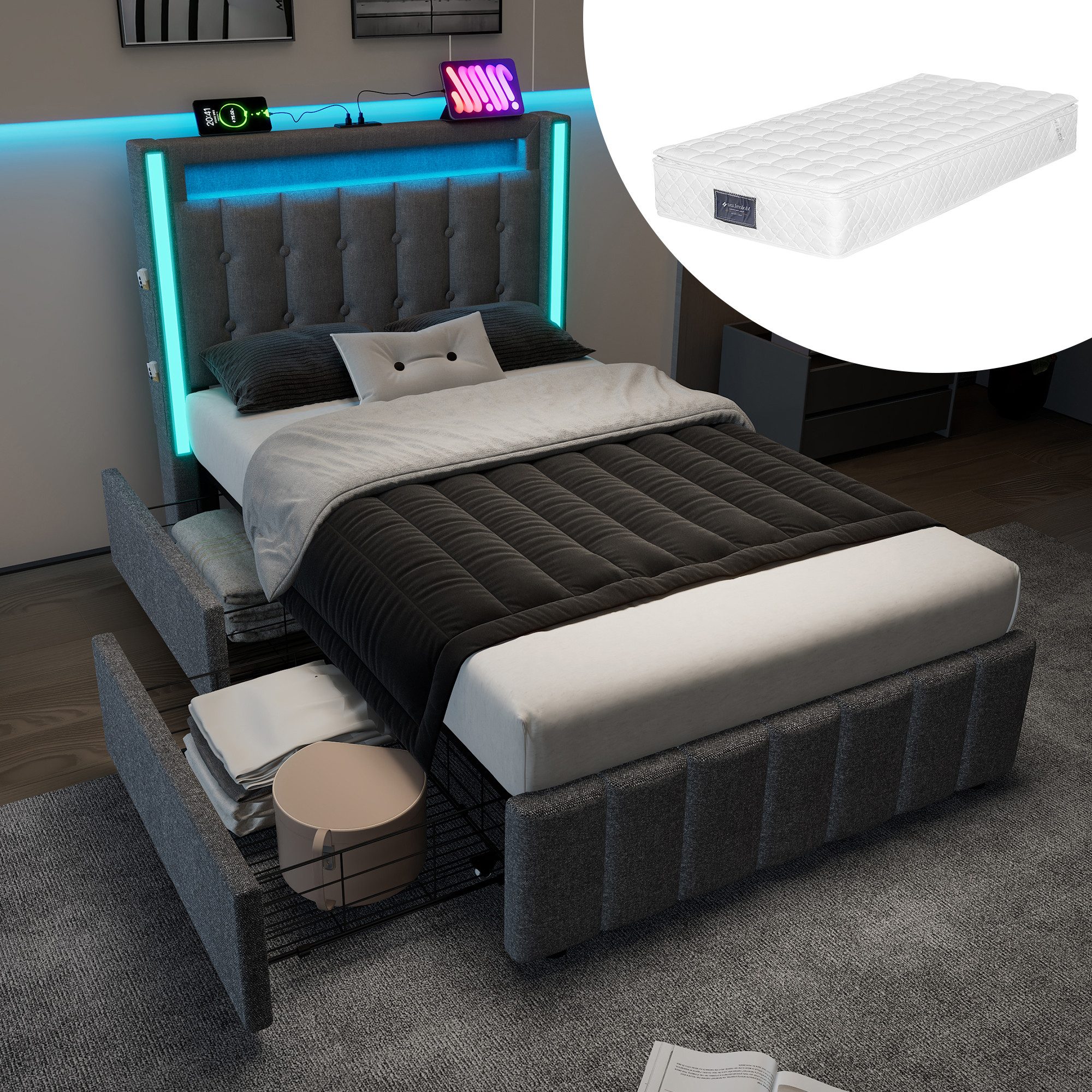 MODFU Polsterbett mit LED Beleuchtung und günstig online kaufen
