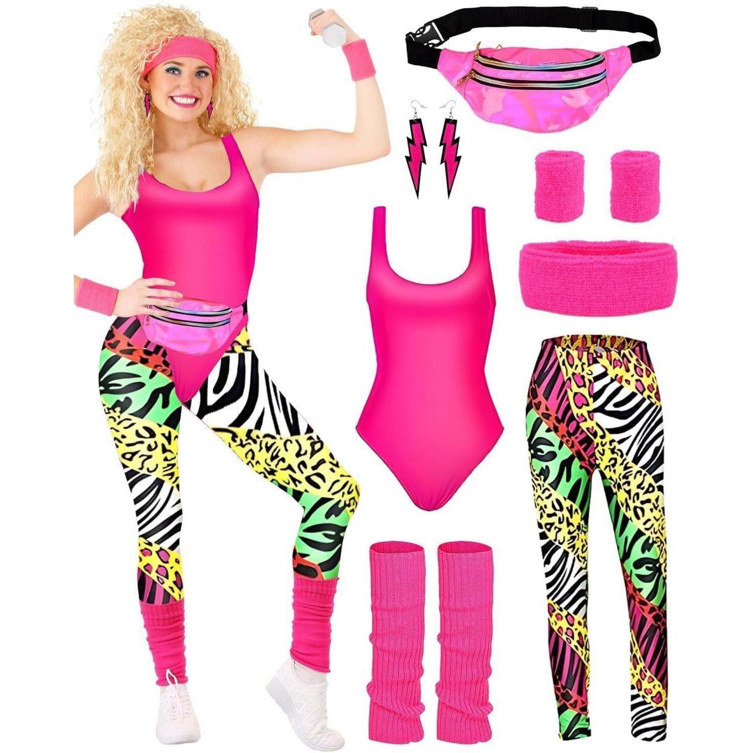 BIQIQI Partyanzug 80er Jahre Damen Trainingsanzug Kostüm Set Leggings Stirnband Retro