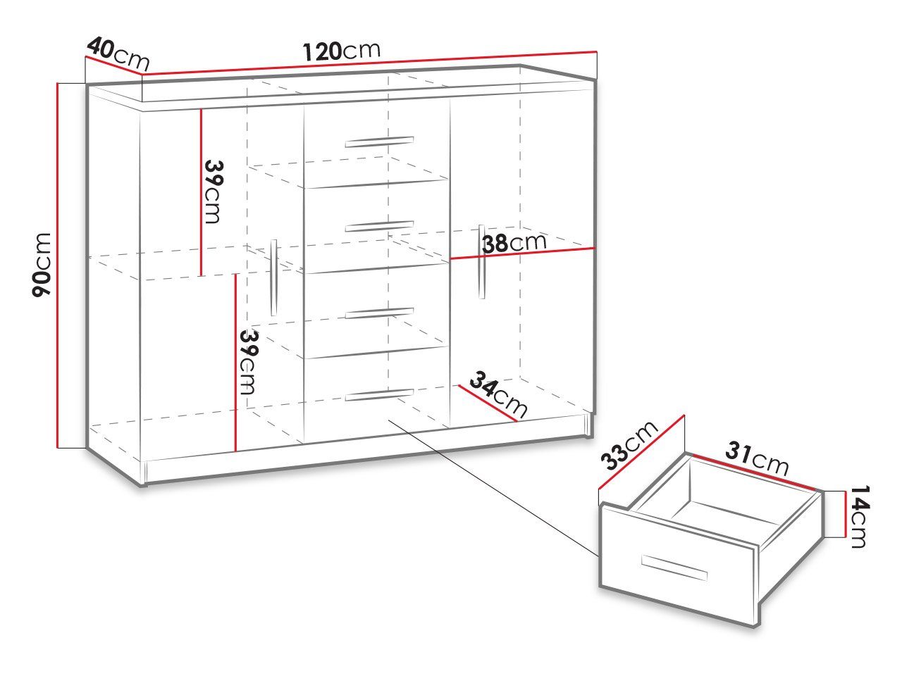 MIRJAN24 Kommode K2D4SZ Bono 01 (2-Drehtüren und 4-Schubladen), 120x40x90 cm