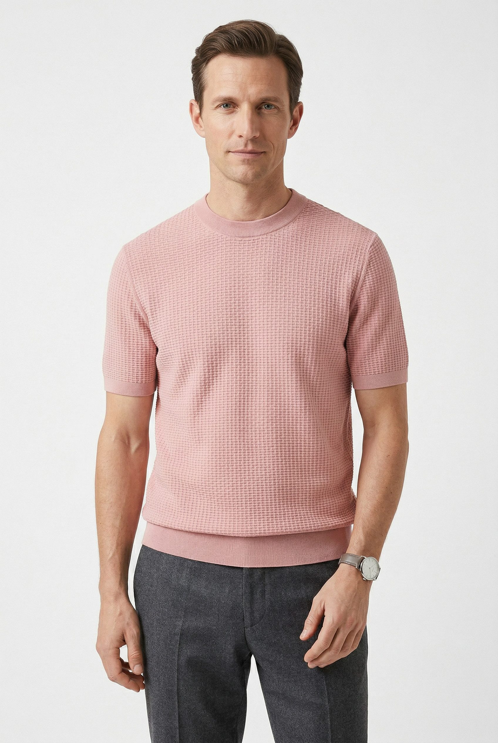 BOSS Kurzarmpullover Nilton Premium Menswear Business-Casual-Look, Strukturstrick-Material