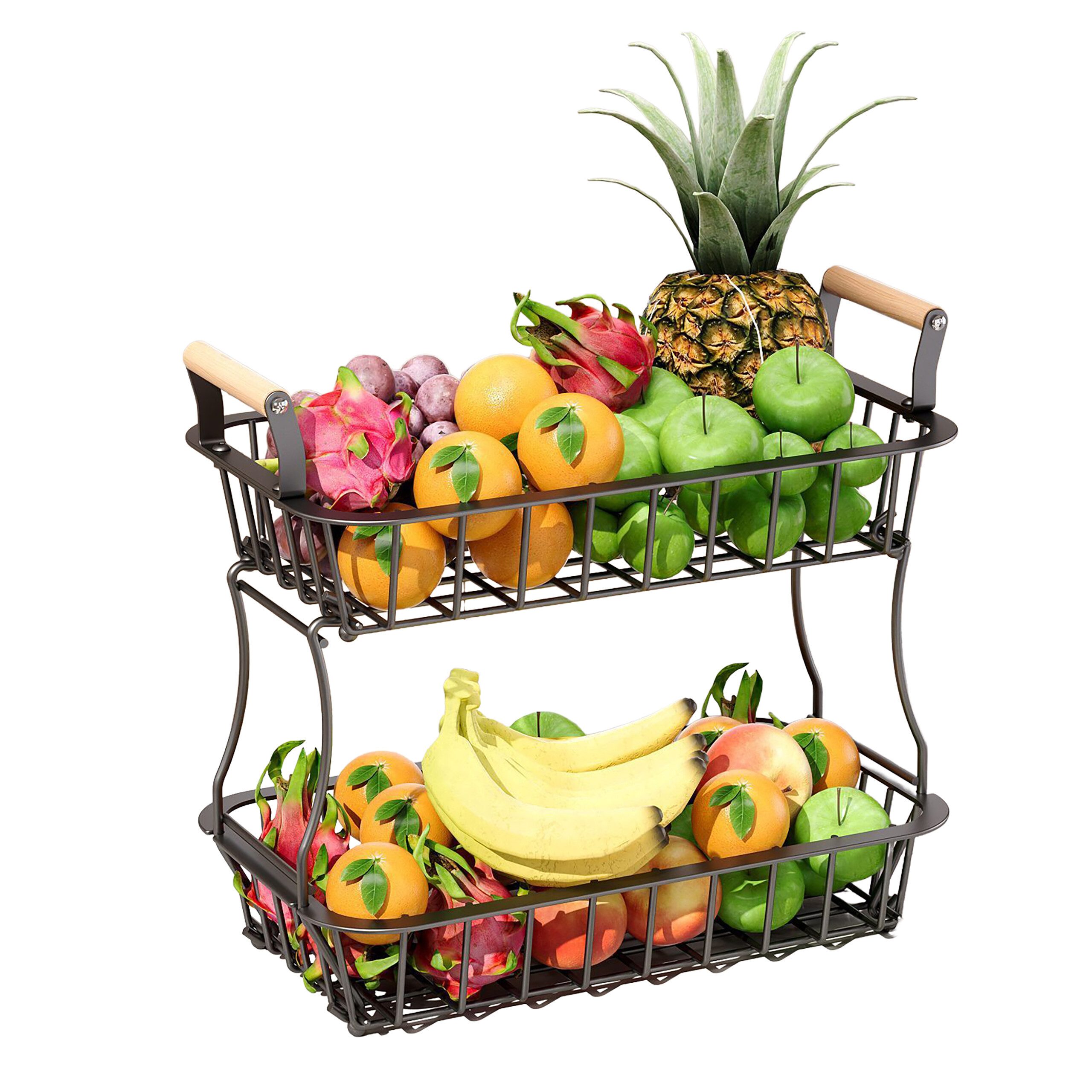 relaxdays Obstschale 2-stöckiger Obstkorb mit Griffen, Holz, schwarz