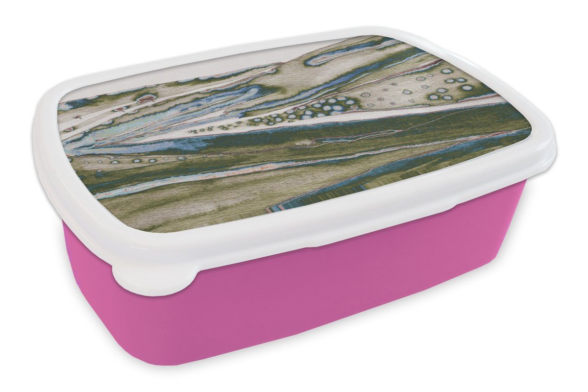 MuchoWow Lunchbox Abstrakt - Hügel - Natur - Grün- Kunst, Kunststoff, (2-tlg), Brotbox für Erwachsene, Brotdose Kinder, Snackbox, Mädchen, Kunststoff rosa