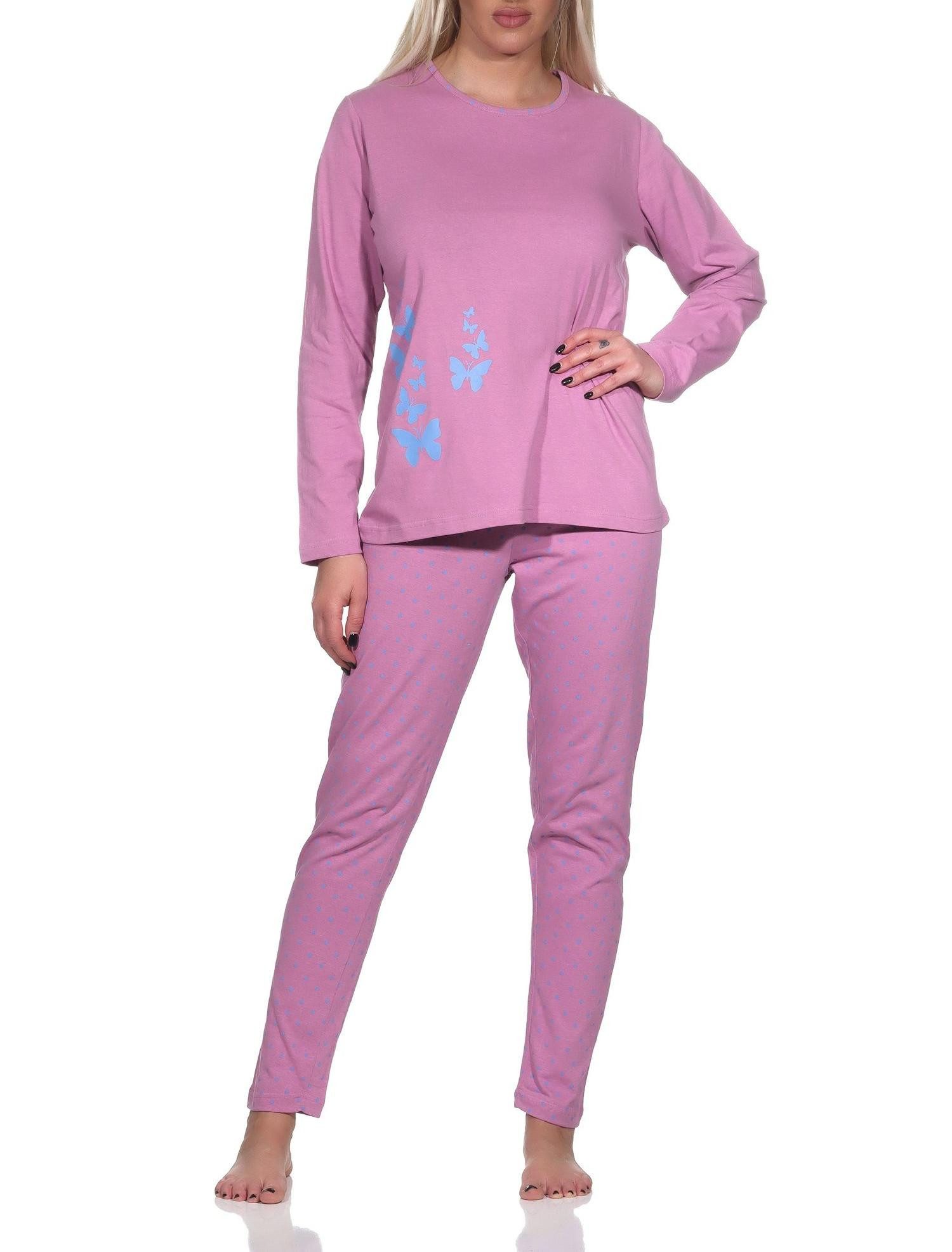 Pyjama Normann Damen Schlafanzug lang mit Pyjamahose in Tupfen Punkte Optik