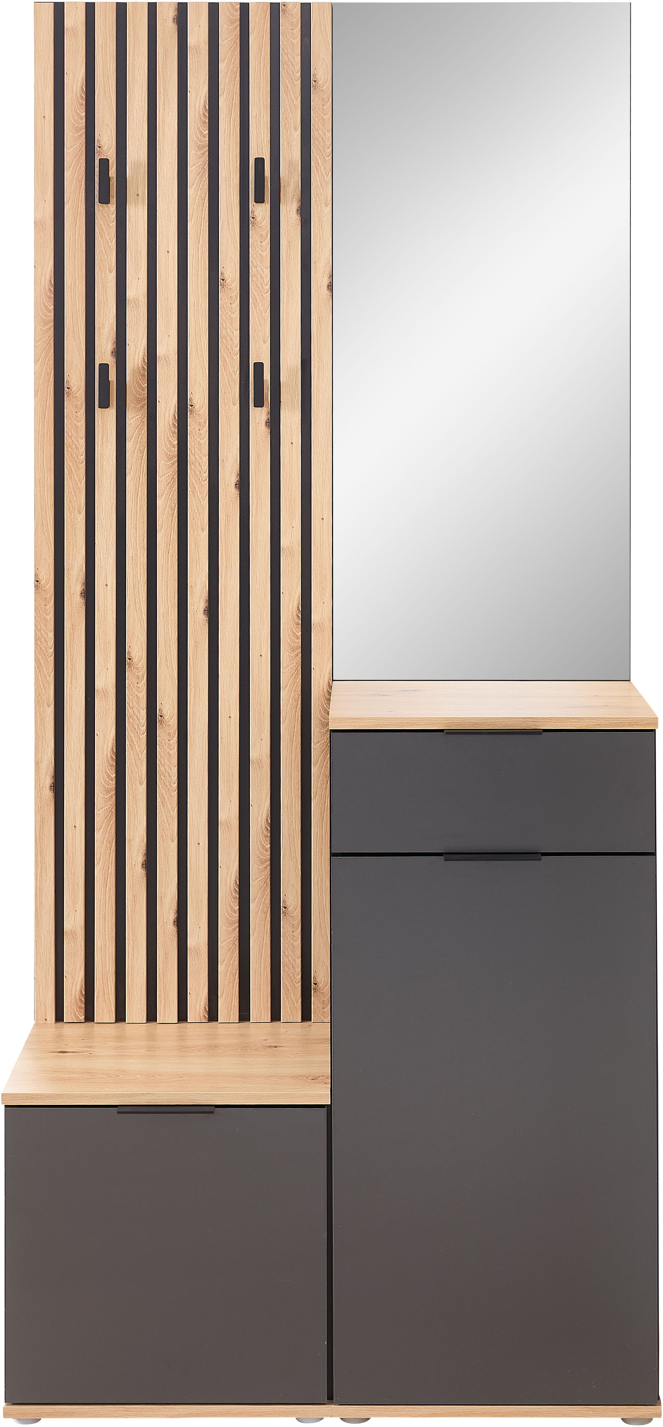 HBZ Kompaktgarderobe Simple mit Spiegel, Flurgarderobe BxHxT 88x195x35 cm (4-St) mit Bank, Paneel, Schuhkommode mit Schubkasten und Spiegel