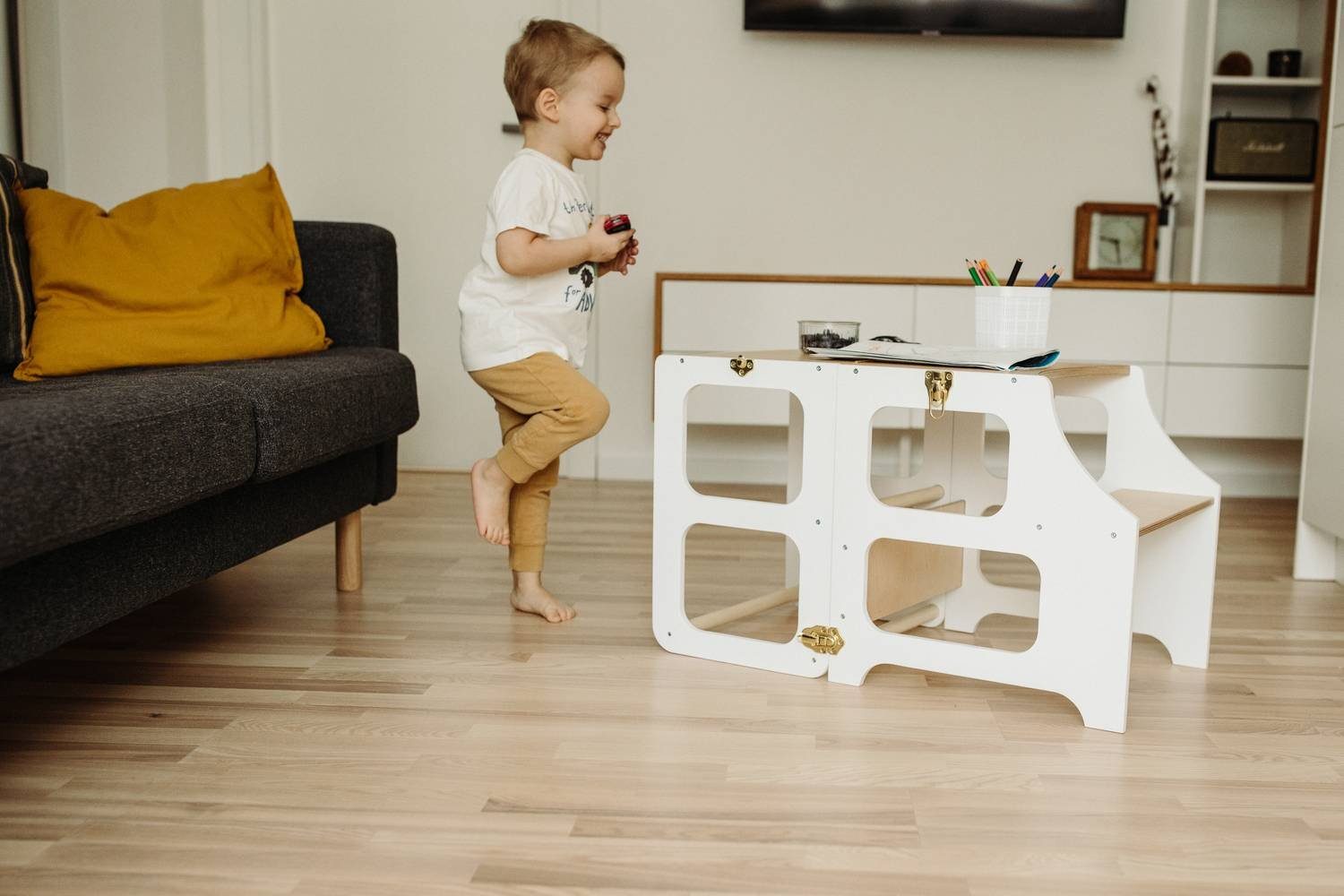 Möbel Babymöbel Sämann Kombihochstuhl Sämann Küchenturm 3 in 1 - Montessori Schemel aus