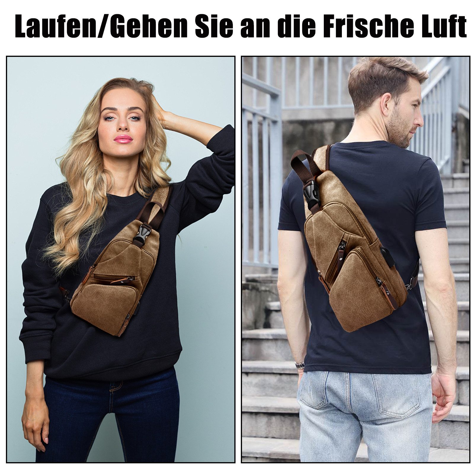 TAN.TOMI Umhängetasche Brusttasche Herren, Schultertasche Herren und Damen mit USB-Aufladung, Brusttasche, Canvas Brusttasche mit Verstellbaren Schultergurten
