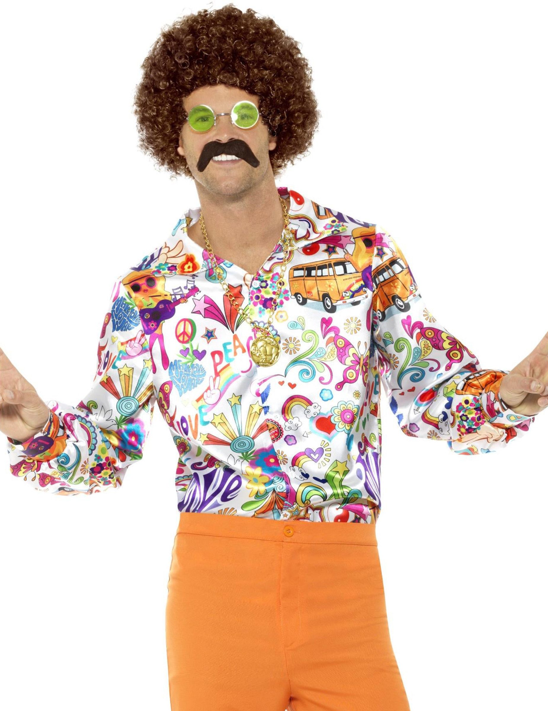 Kostüm 60er-Hippiehemd Love + Peace weiss-bunt