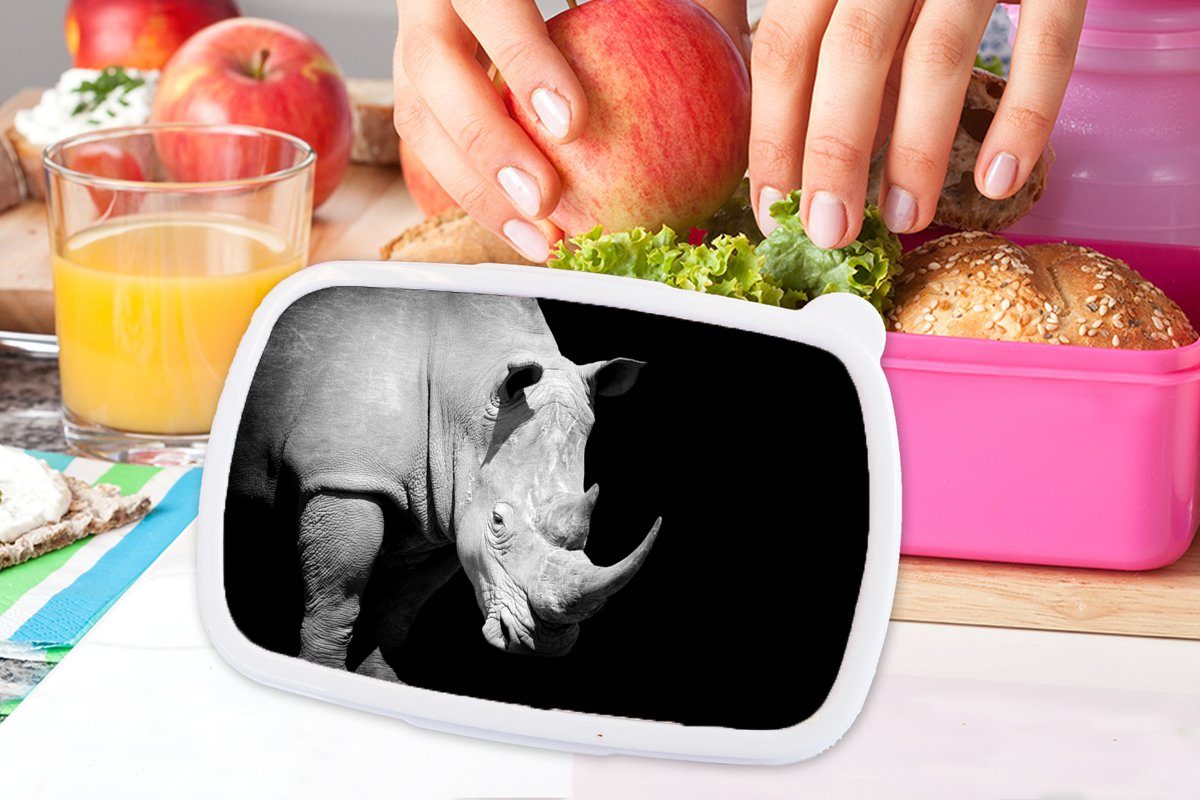 Porträt, Erwachsene, (2-tlg), - rosa Tier - Brotdose MuchoWow Brotbox Snackbox, Kunststoff, für Kinder, Rhinozeros Mädchen, Lunchbox Kunststoff