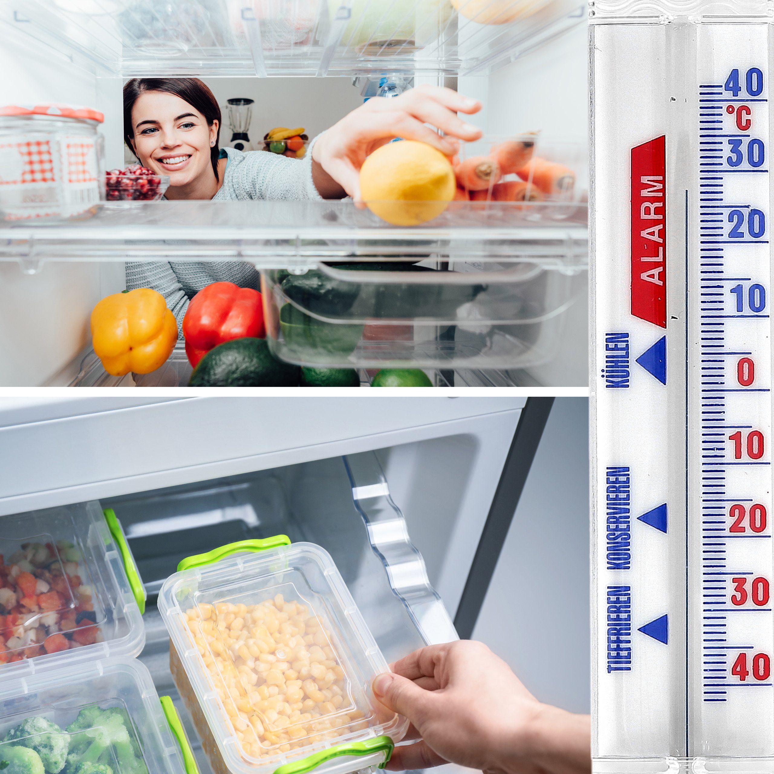 Lantelme Kühlschrankthermometer Analog mit Haken Gefrierschrankthermometer Kühlschrank Thermometer, 2-tlg., Made in Germany, Stückzahl Wählbar, mit Haken zum aufhängen, + - 40°C