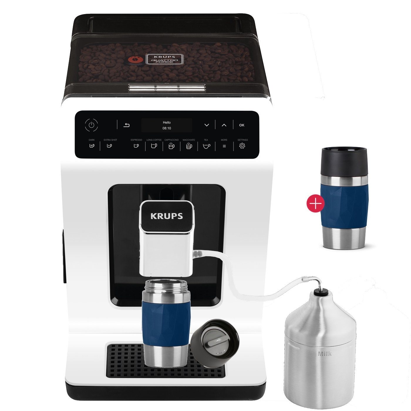 Krups Kaffeevollautomat EA8911 Evidence, inkl. Milchbehälter, intuitiver  OLED-Display, extra-großer Wassertank + Emsa Travel Mug Compact  (dunkelblau) 0,3 l
