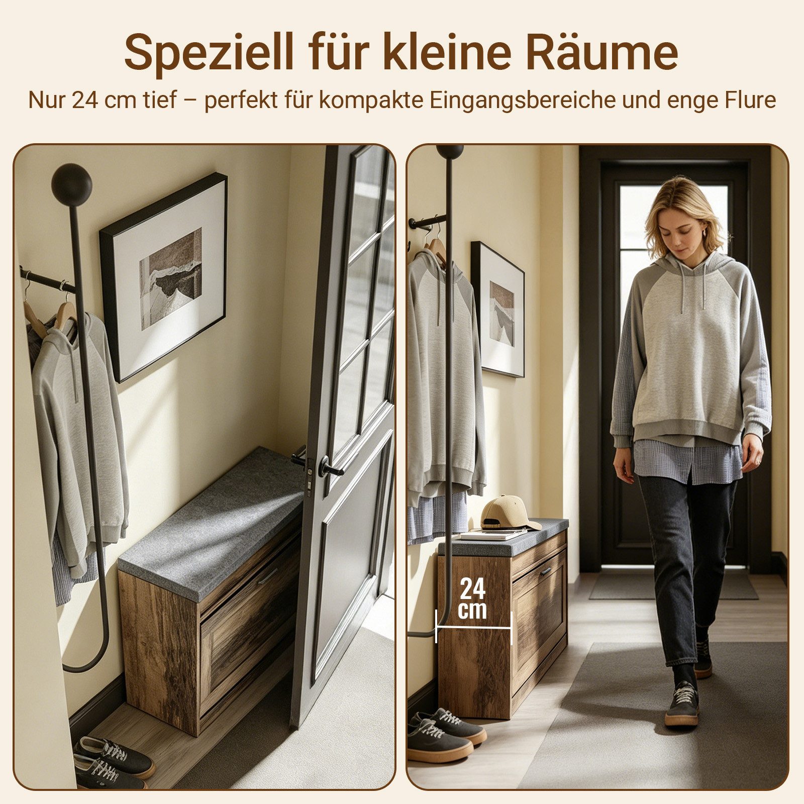SoBuy Schuhbank FSR218, Schuhregal mit Sitzfläche, Sitzbank Schuhschrank Schuhtruhe, Schuhkipper schmal, 24cm Tiefe, für Schuhe bis EU 46, für 6-8 Paar