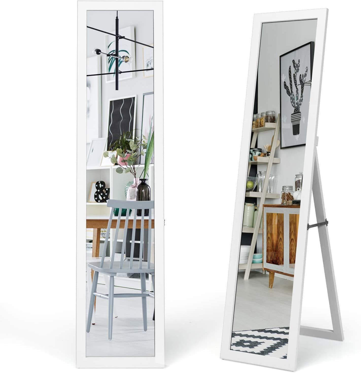 COSTWAY Ganzkörperspiegel, mit klappbarem Holzrahmen, stehend/hängend 37x155cm Weiß | Ganzkörperspiegel