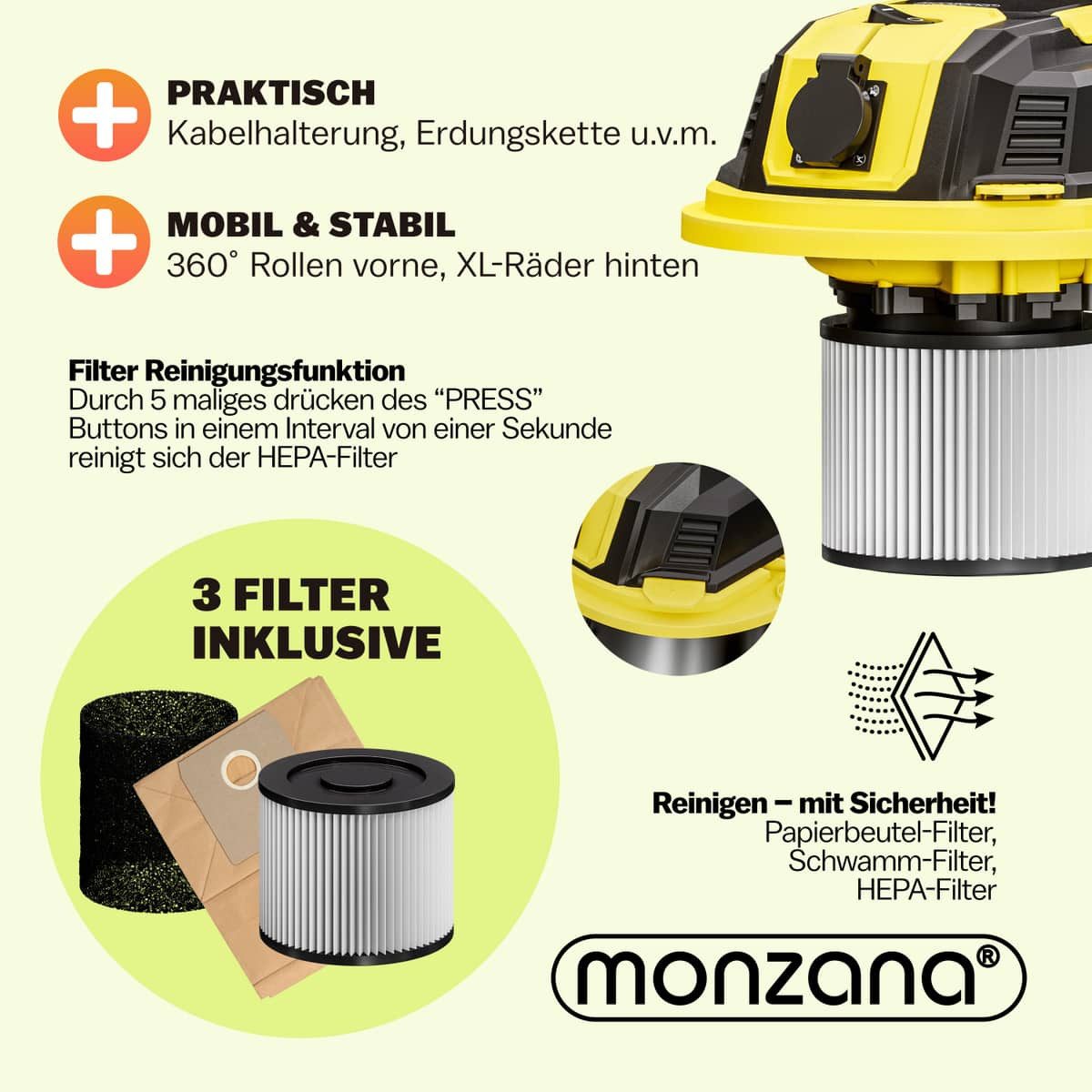 monzana Industriesauger, Nass &- Trockensauger 1200W Blasfunktion 30L Behälter 1000W Steckdose