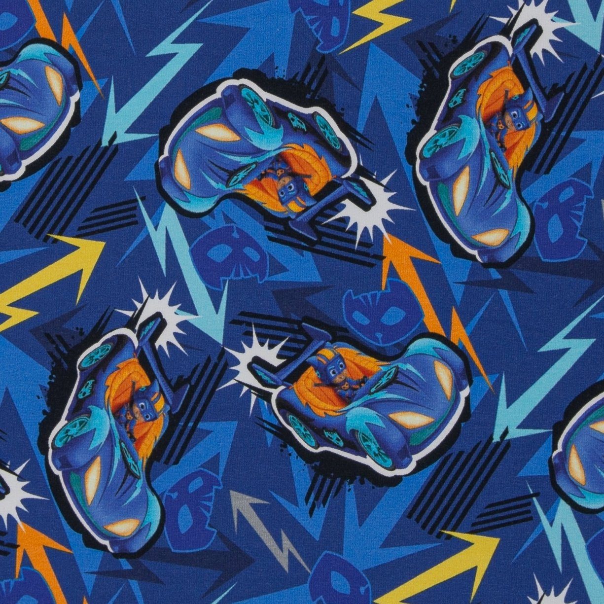 larissastoffe Stoff Lizenzstoff French Terry PJ Masks, Swafing Catboy Fahrzeuge blau, Meterware, 50 cm x 160 cm überbreit