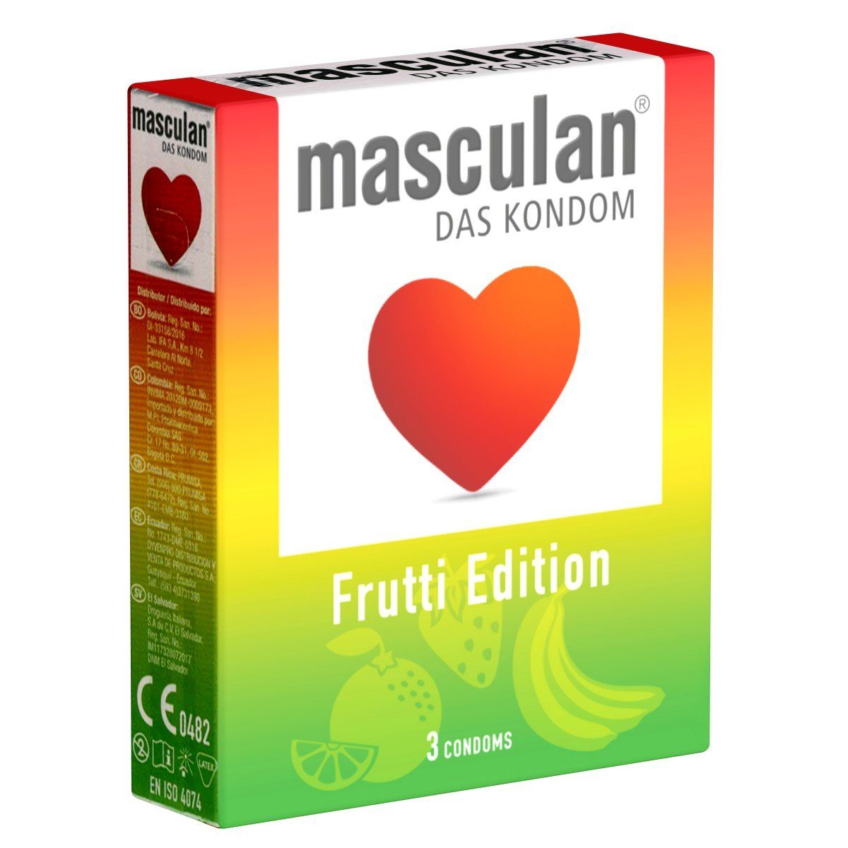 Masculan Kondome Frutti Edition (Exotic, Erdbeere, Grüner Apfel) Packung mit, 3 St., bunte Qualitätskondome mit Geschmack, fruchtige Kondome in drei Trendfarben