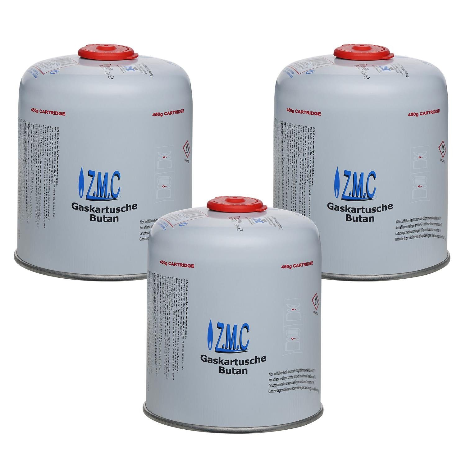 ZMC Gaskartusche 3x Universal Camping Propan Butan Gas 450g Schraubventil Gaskartusche, Zubehör für Butangas Druckgasdose Für Gaskocher / Gaslötgeräte / Abflammgeräte Eurogewinde, Schraubventil Gaskartuschen 900ml Ventilkartusche Gewindeanschluß