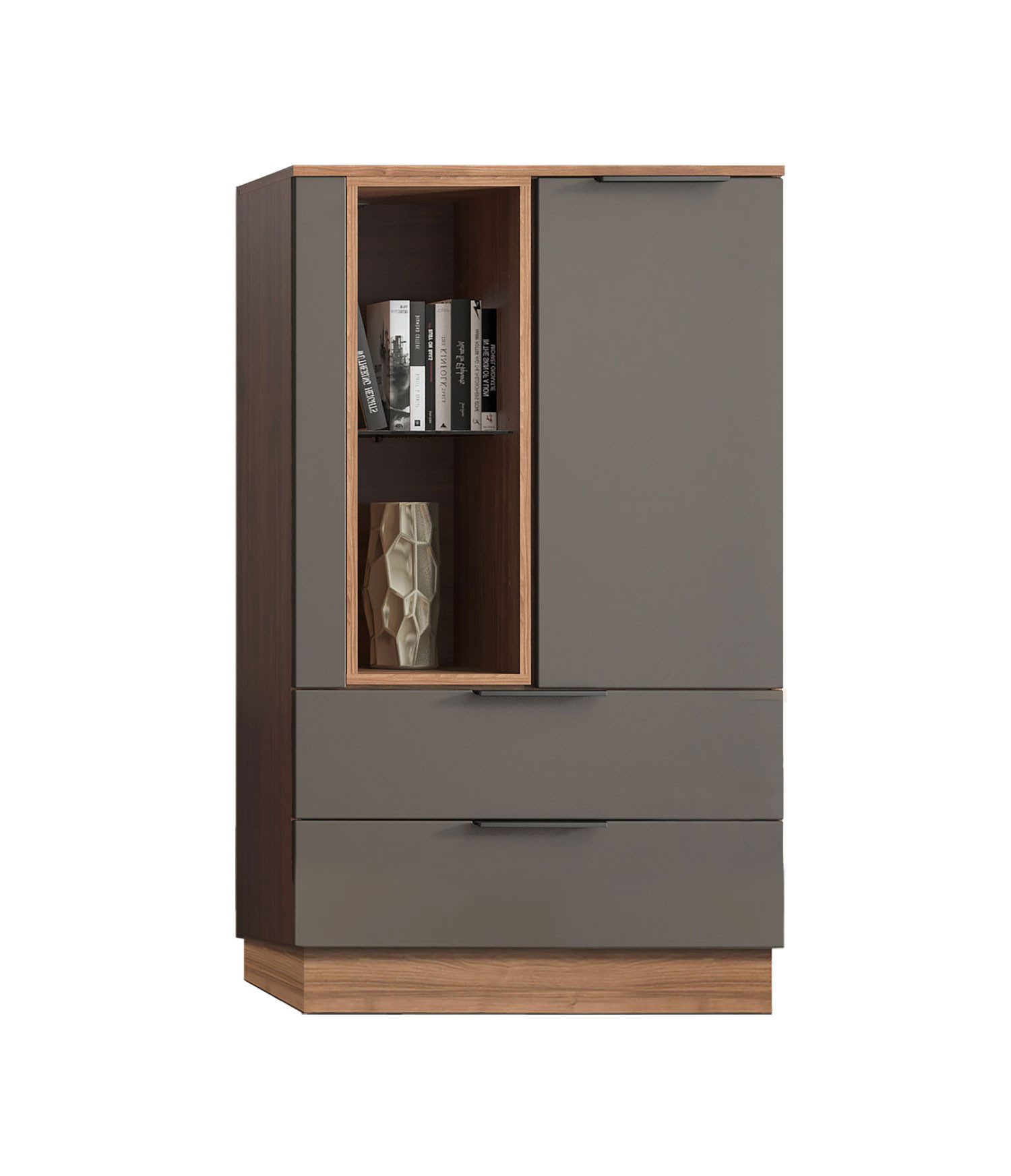 Feldmann-Wohnen Highboard Alicante (mit 1 Tür, 1 offenem Fach, mit 2 Schubladen, 1 St., moderne Optik, Soft-Close-Tür, Metallgriffe), 76cm walnussfarben / schwarzgrau