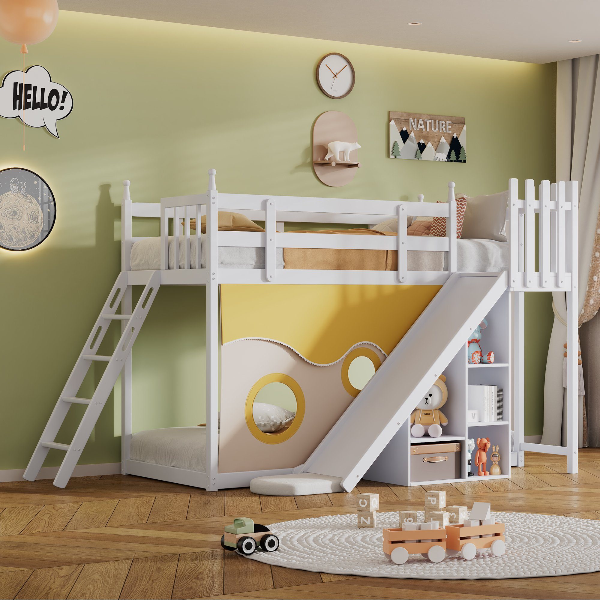 Flieks Etagenbett, Kinderbett Kiefernholzbett mit Leiter und Rutsche 90x200cm weiß